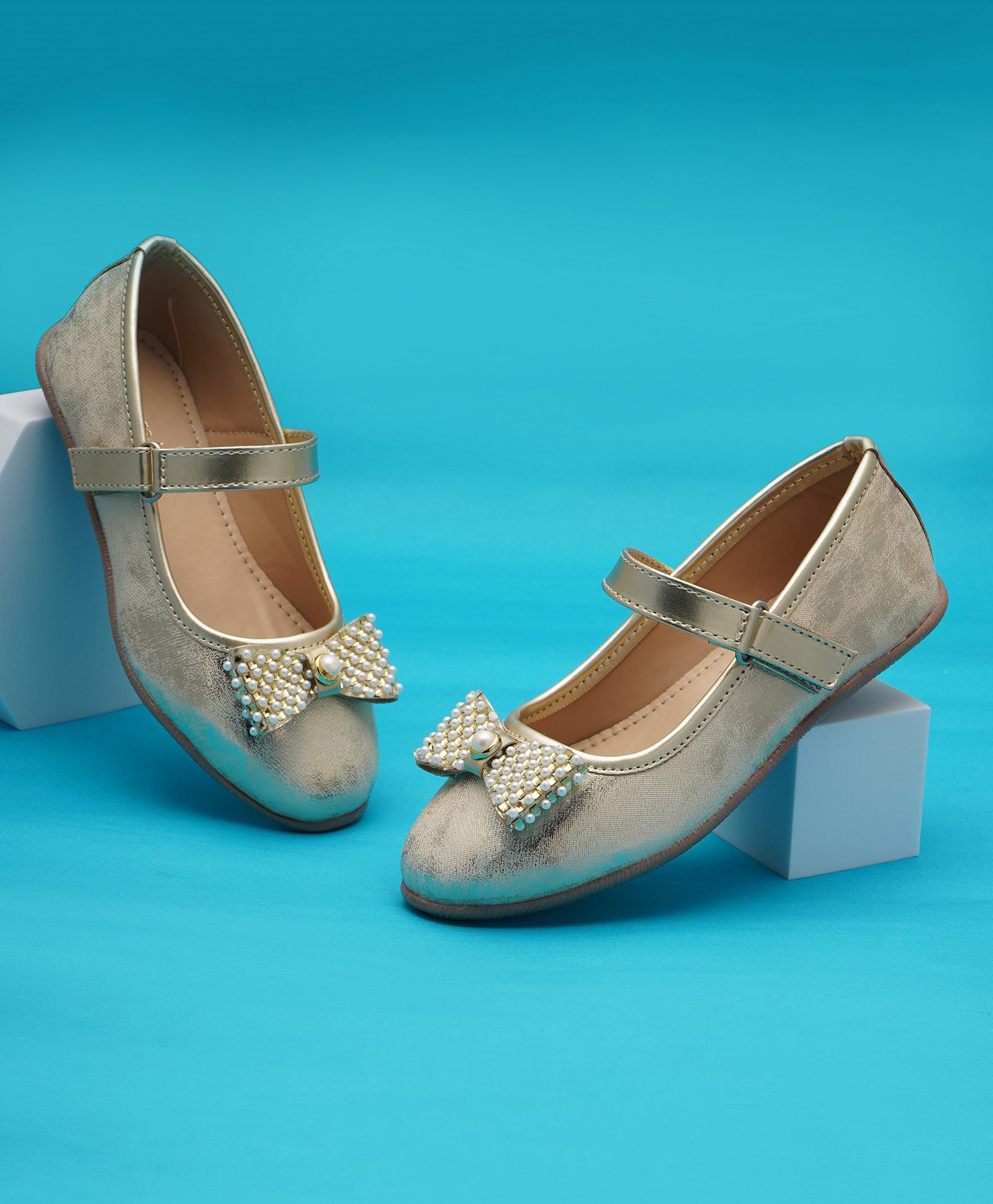 boyz n galz Bow Applique Detailed Pearls Embellished Shimmered Velcro Closure Mary Jane Ballerinas - Gold-image-38