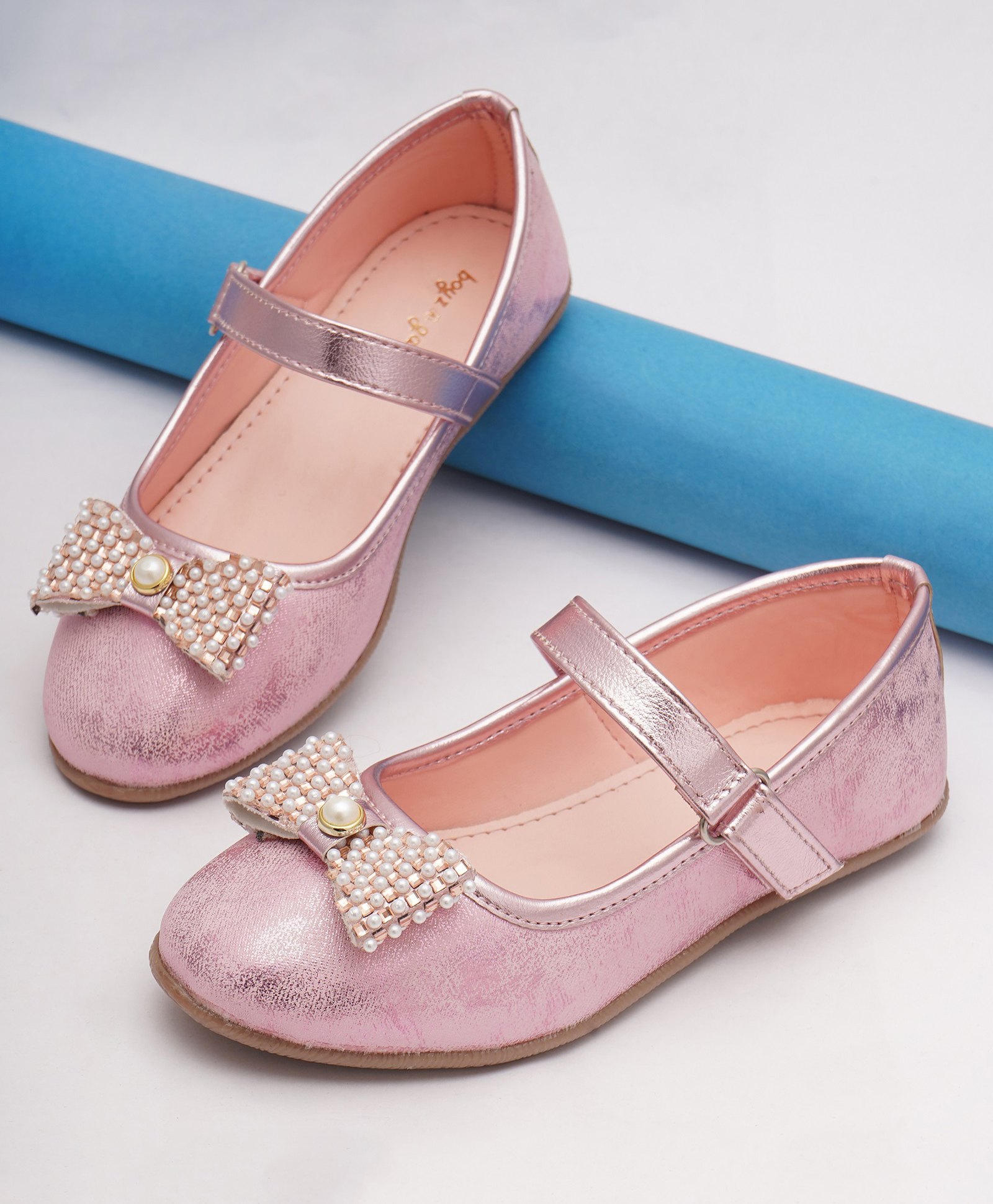 boyz n galz Bow Applique Detailed Pearls Embellished Shimmered Velcro Closure Mary Jane Ballerinas - Pink-image-43