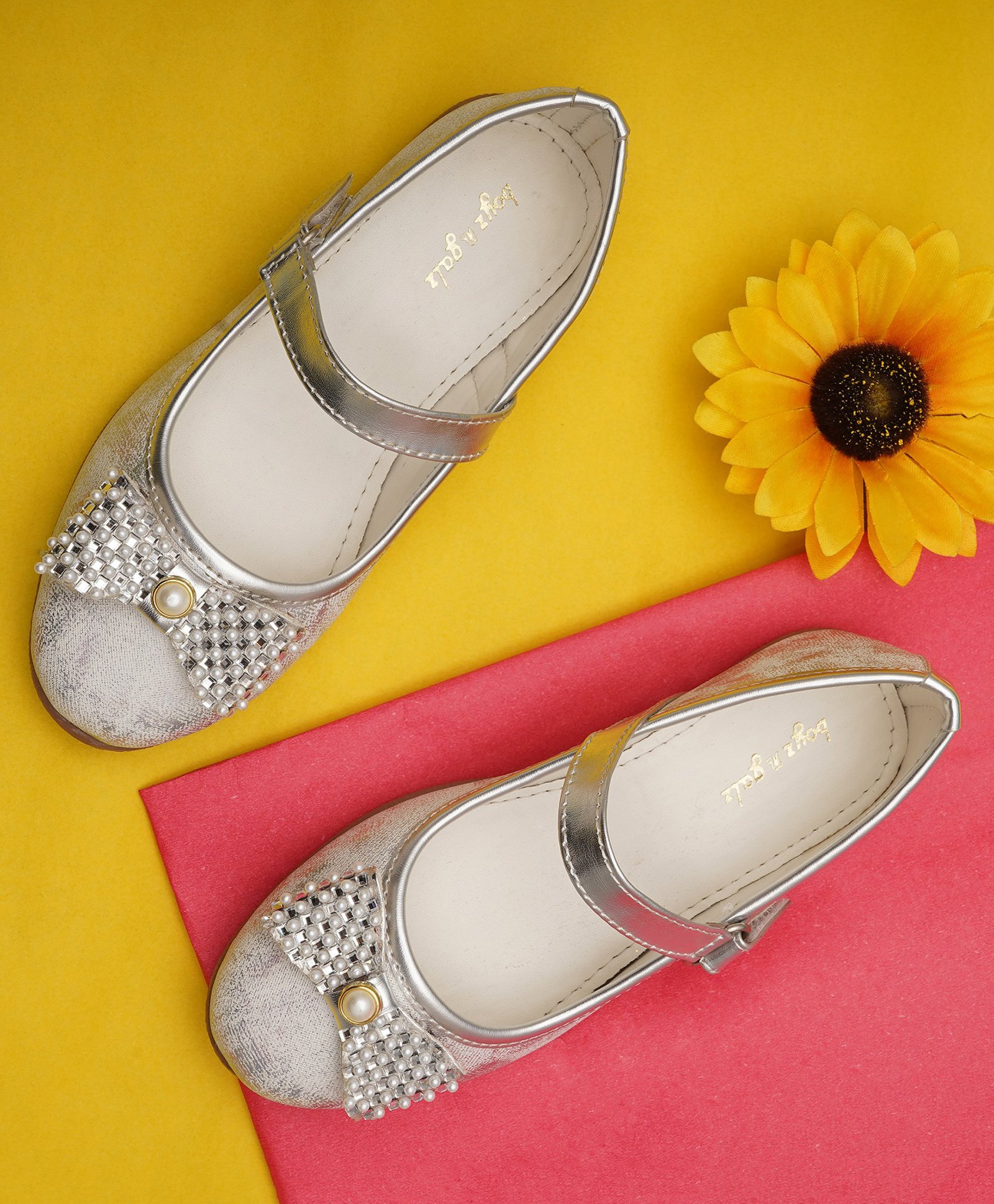boyz n galz Bow Applique Detailed Pearls Embellished Shimmered Velcro Closure Mary Jane Ballerinas - White-image-46