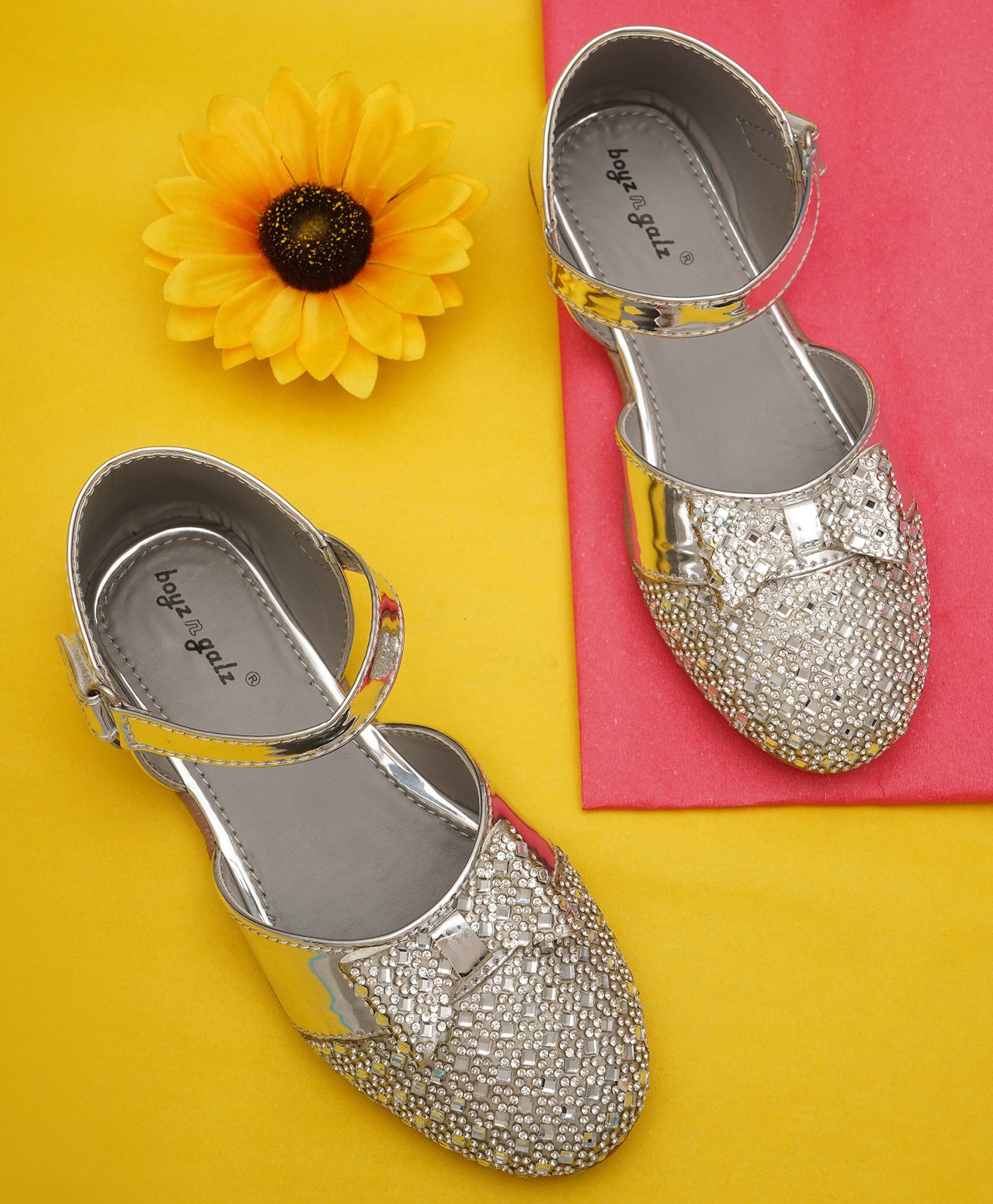boyz n galz Bow Applique Detailed Stones Embellished Velcro Closure Sandals - Silver-image-34