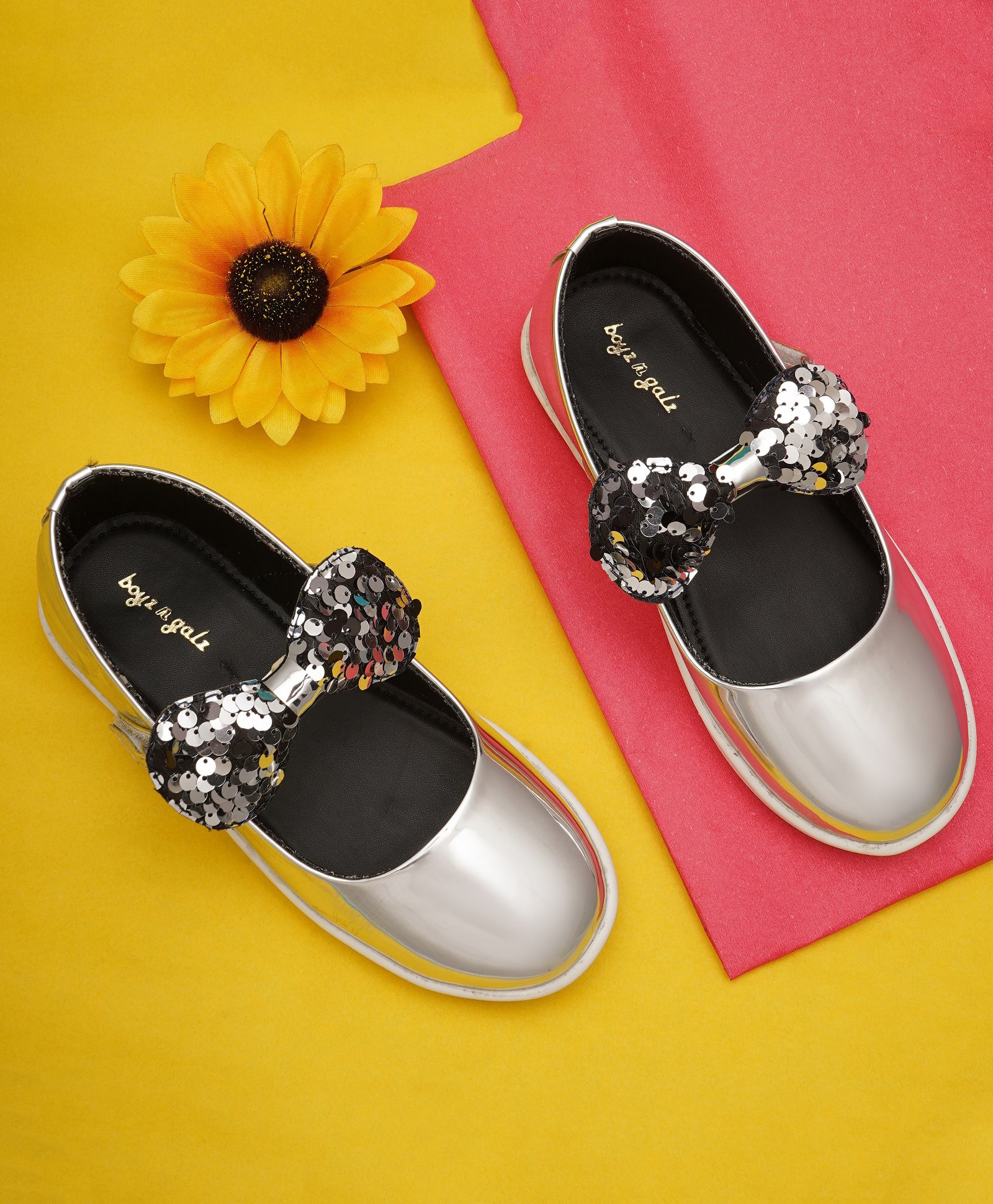 boyz n galz Metallic Sequin Embellished Bow Applique Detailed Mary Janes Ballerinas - Silver-image-11