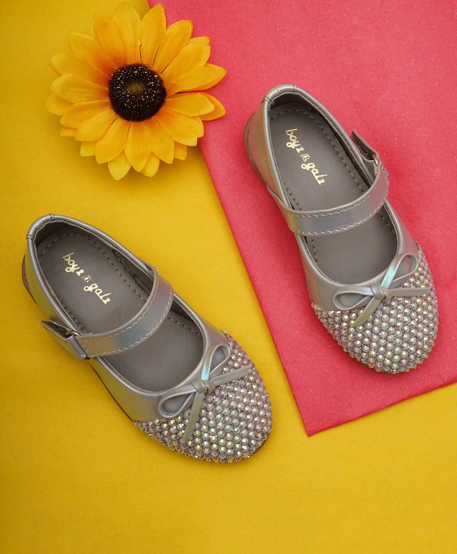 boyz n galz Stone Embellished Bow Applique Detailed Mary Janes Ballerinas - Grey-image-12