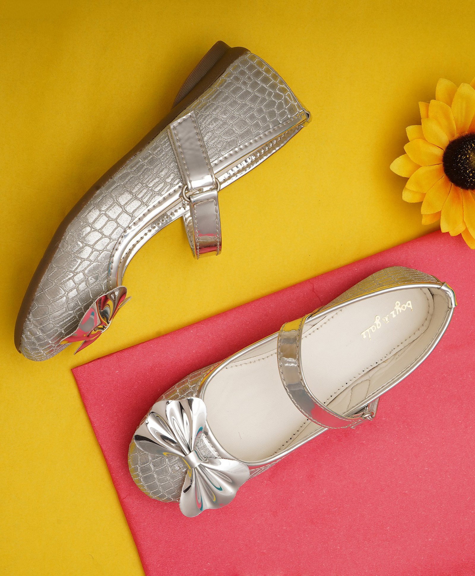 boyz n galz Metallic Bow Applique Detailed Mary Janes Ballerinas - Silver-image-23