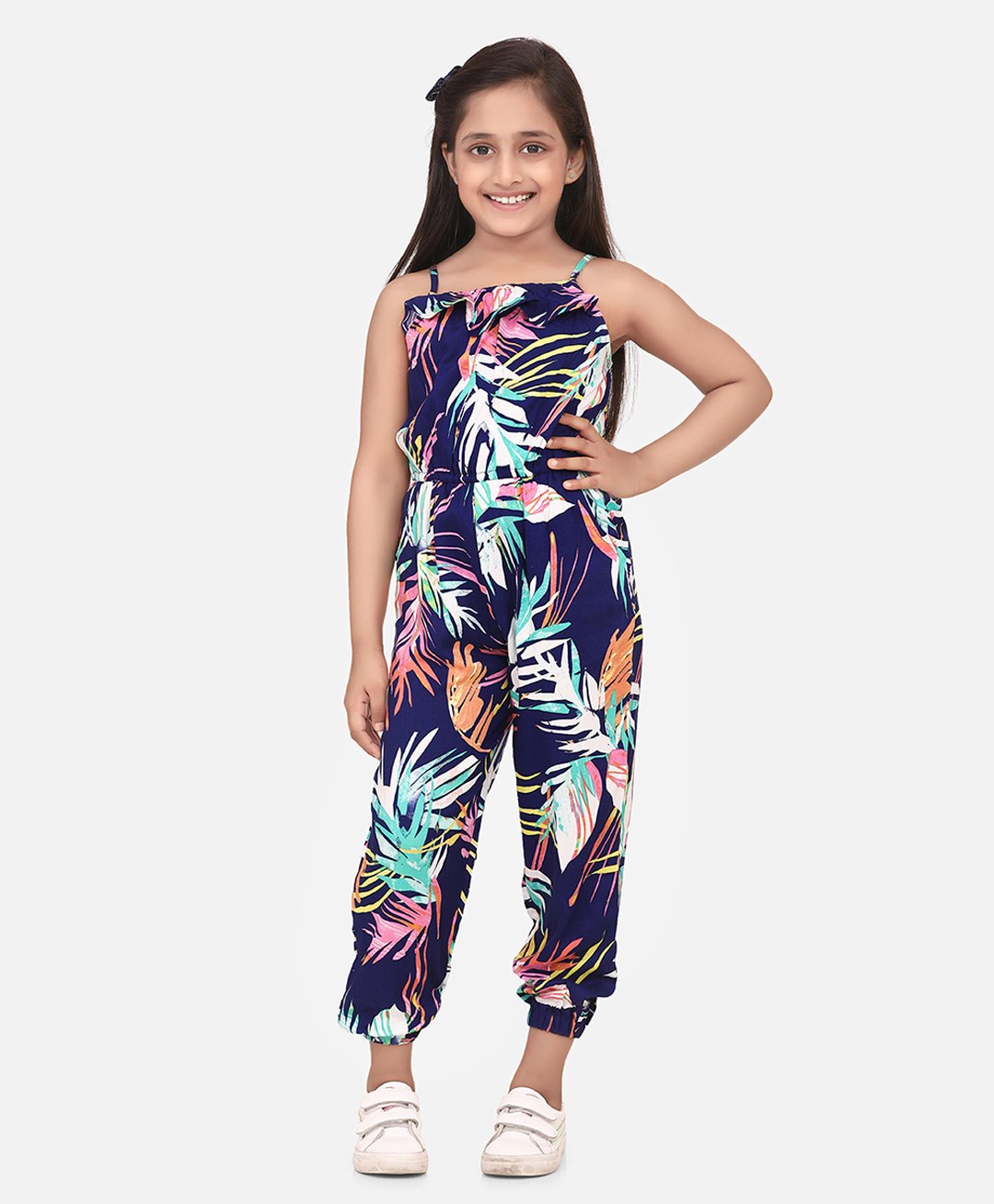 StyleStone Rayon Woven Sleeveless Tropical Theme Printed Jumpsuit - Navy Blue-picture-13
