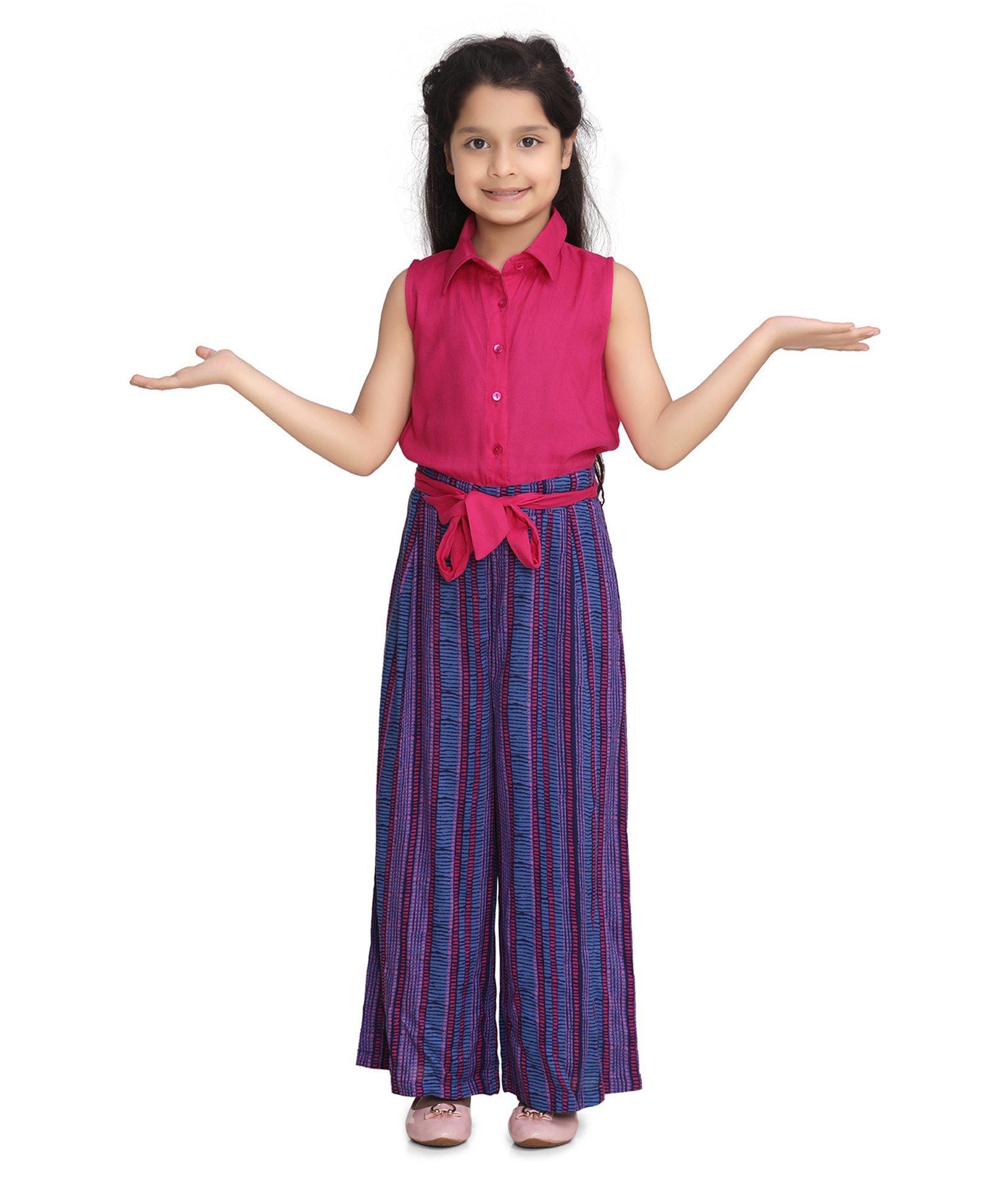 StyleStone Rayon Woven Sleeveless Abstract Printed Jumpsuit With Belt - Pink & Blue-picture-14