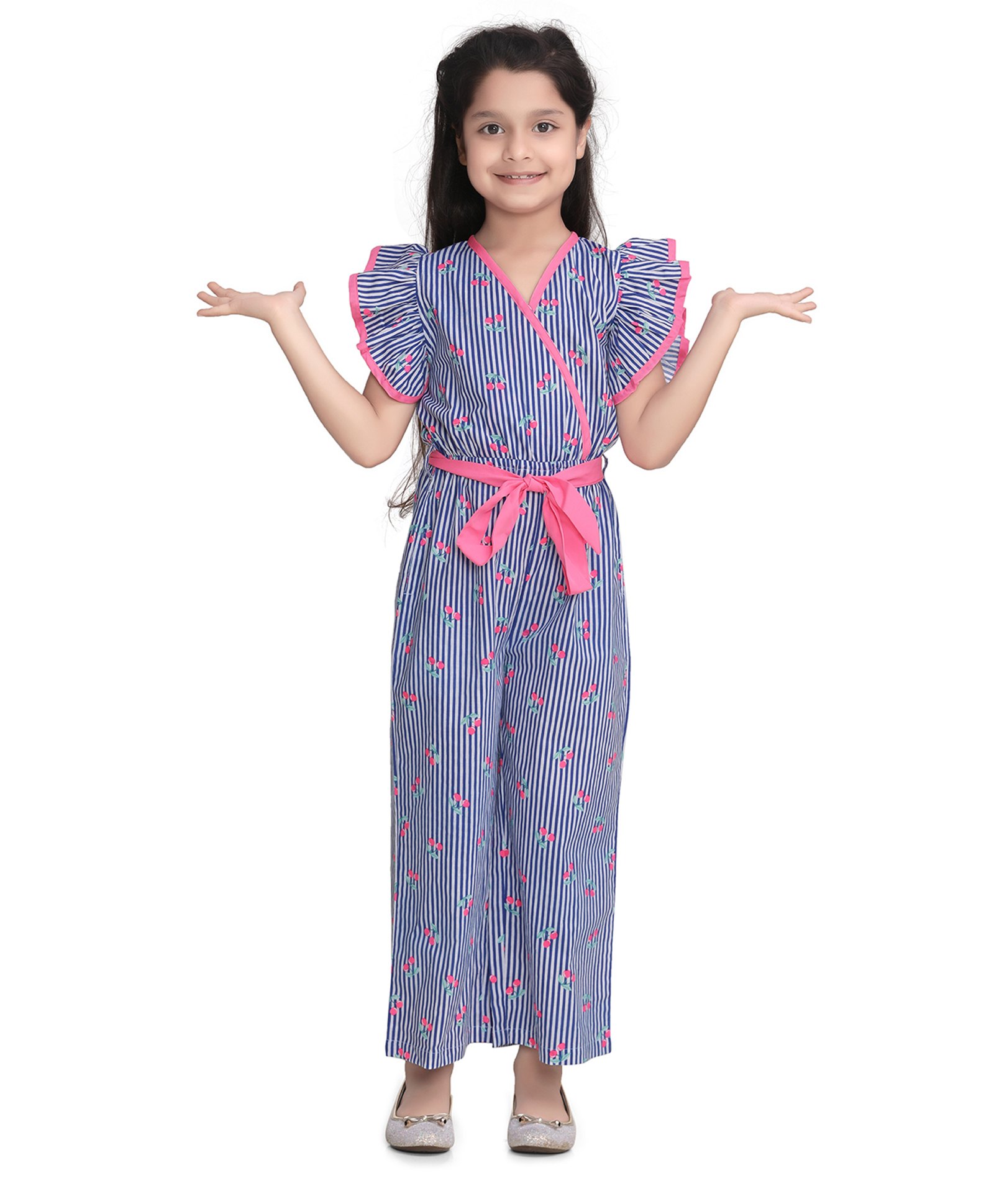 StyleStone Cotton Woven Flutter Sleeves Cherries Printed & Striped Jumpsuit - Blue & Pink-image-23