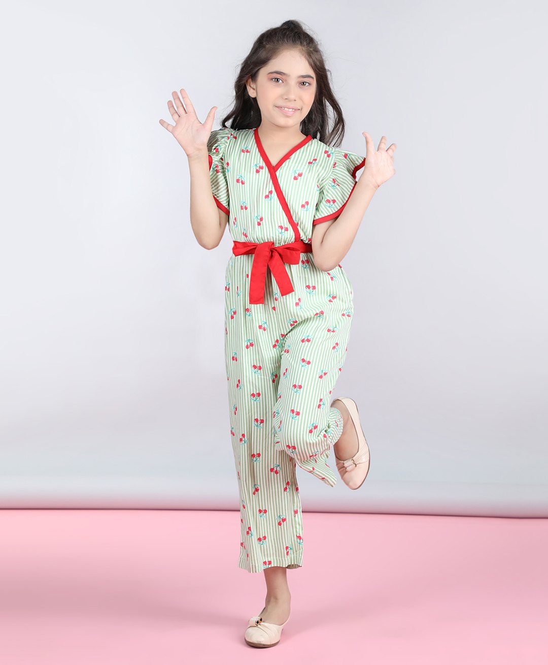 StyleStone Rayon Woven Flutter Sleeves Cherries Printed & Striped Jumpsuit - Green-picture-15