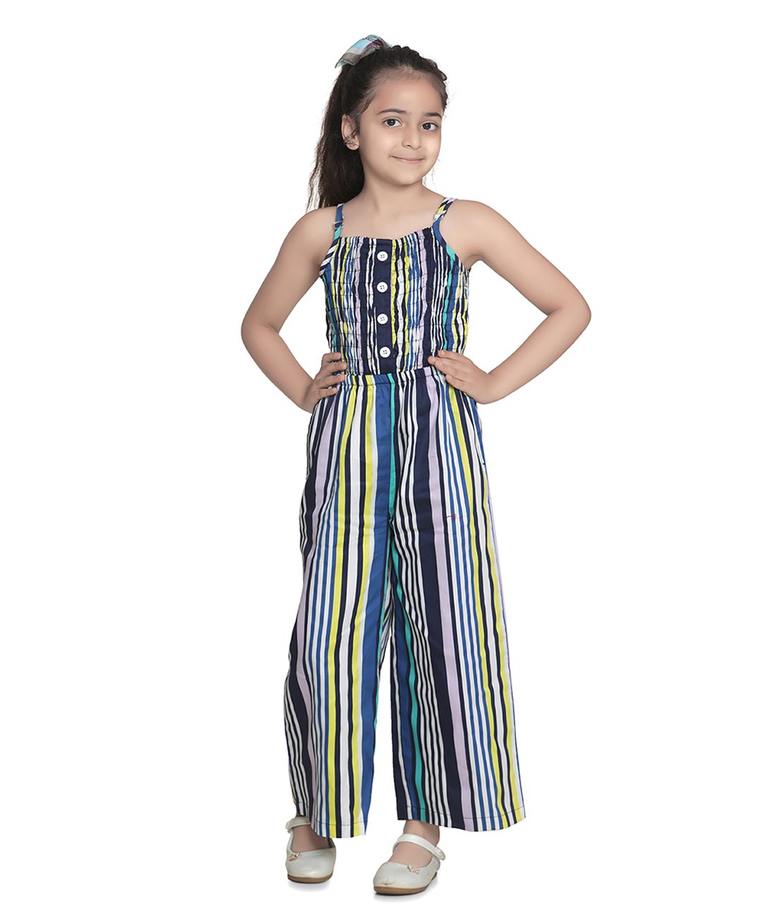 StyleStone Rayon Woven Sleeveless Striped Smocked Jumpsuit - Blue-picture-17