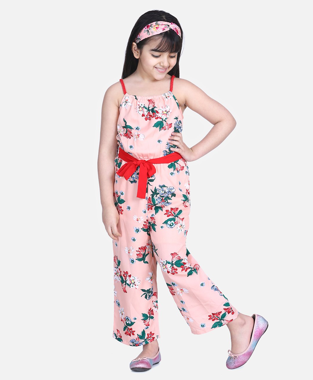 StyleStone Woven Sleeveless Floral Printed Jumpsuit - Peach & Red-picture-13