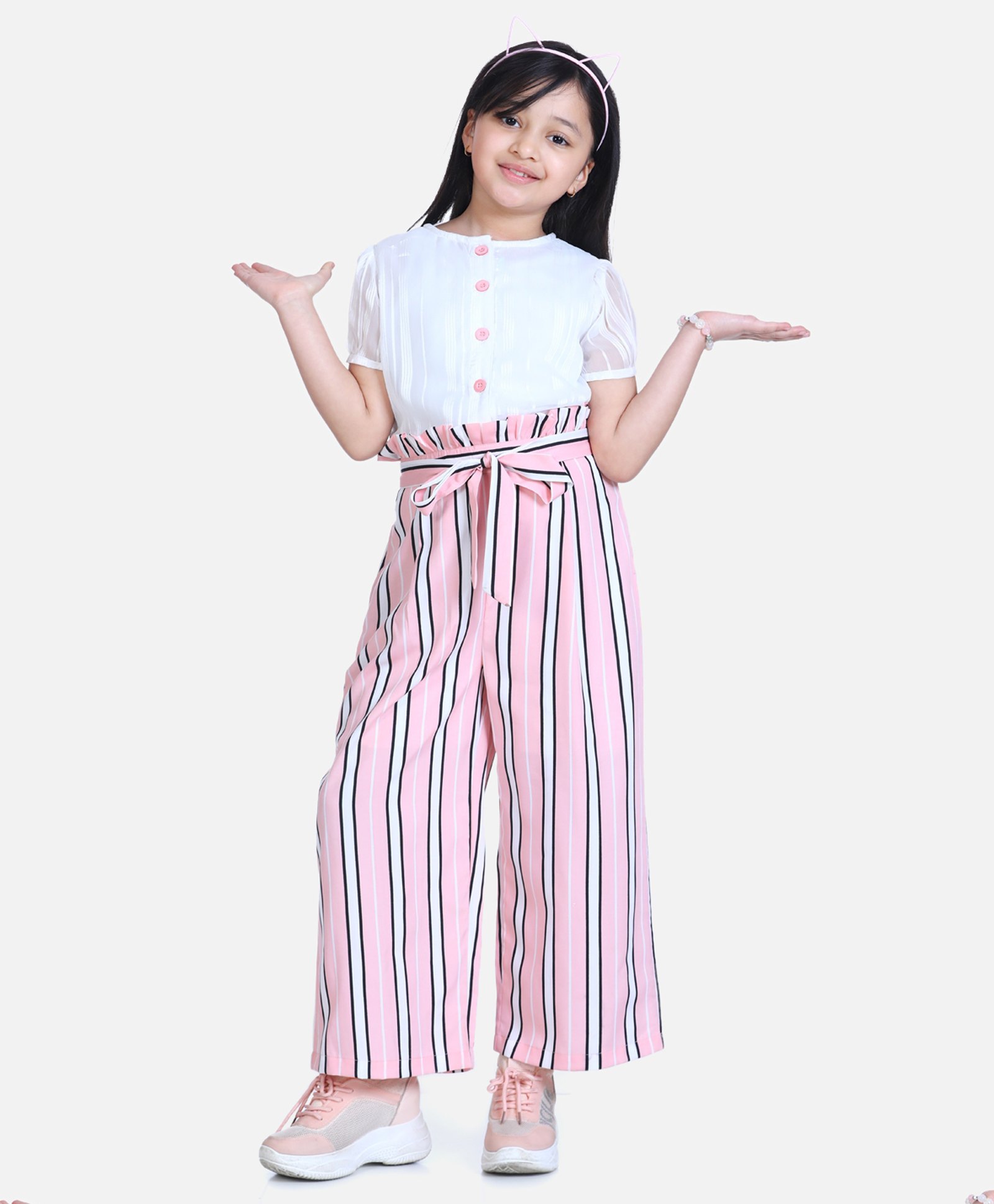 StyleStone Woven Half Puffed Sleeves Striped Jumpsuit - Pink & White-picture-25