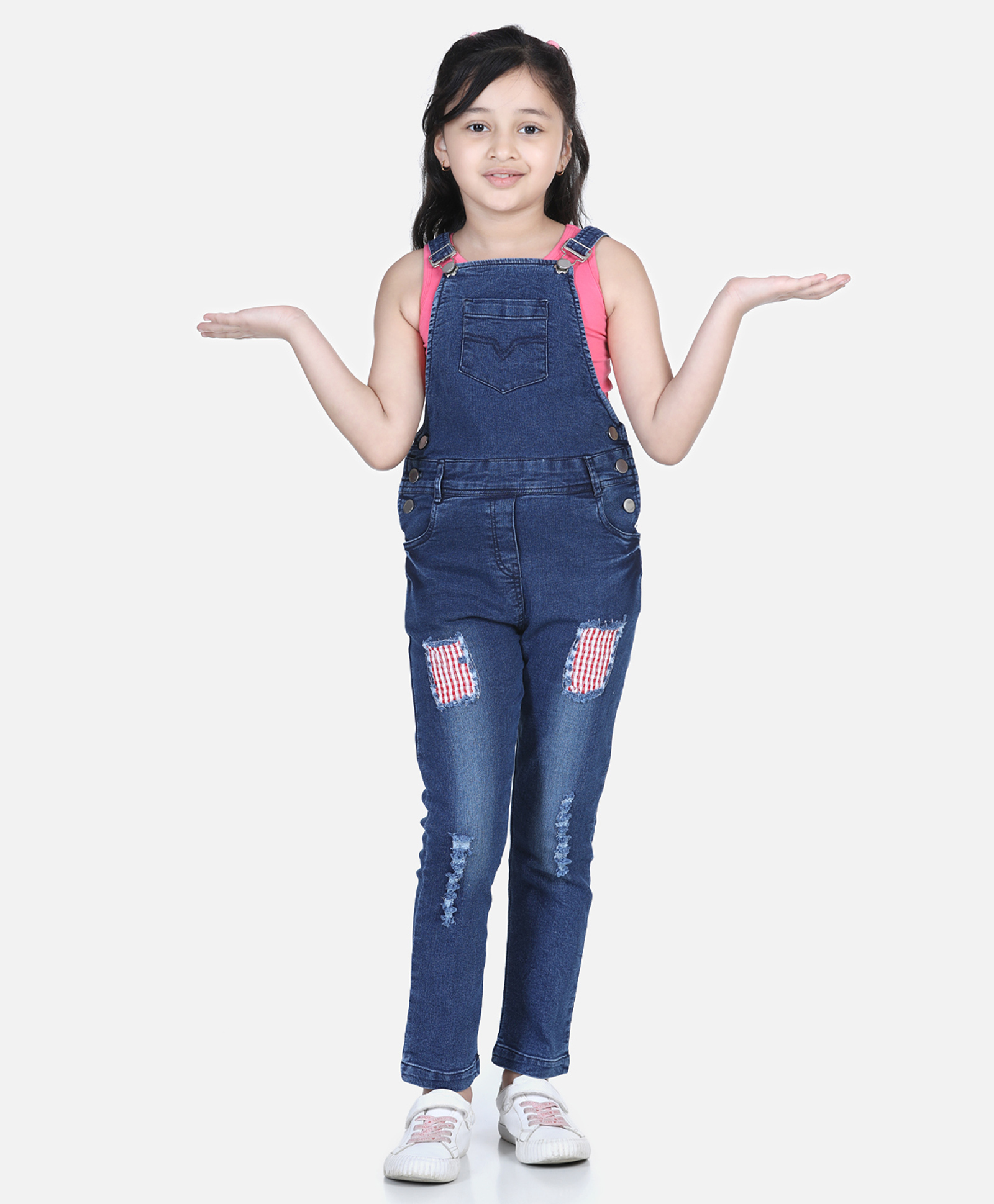 StyleStone Denim Woven Sleeveless Mild Washed & Placement Checked Dungaree Without Tee - Blue-picture-13