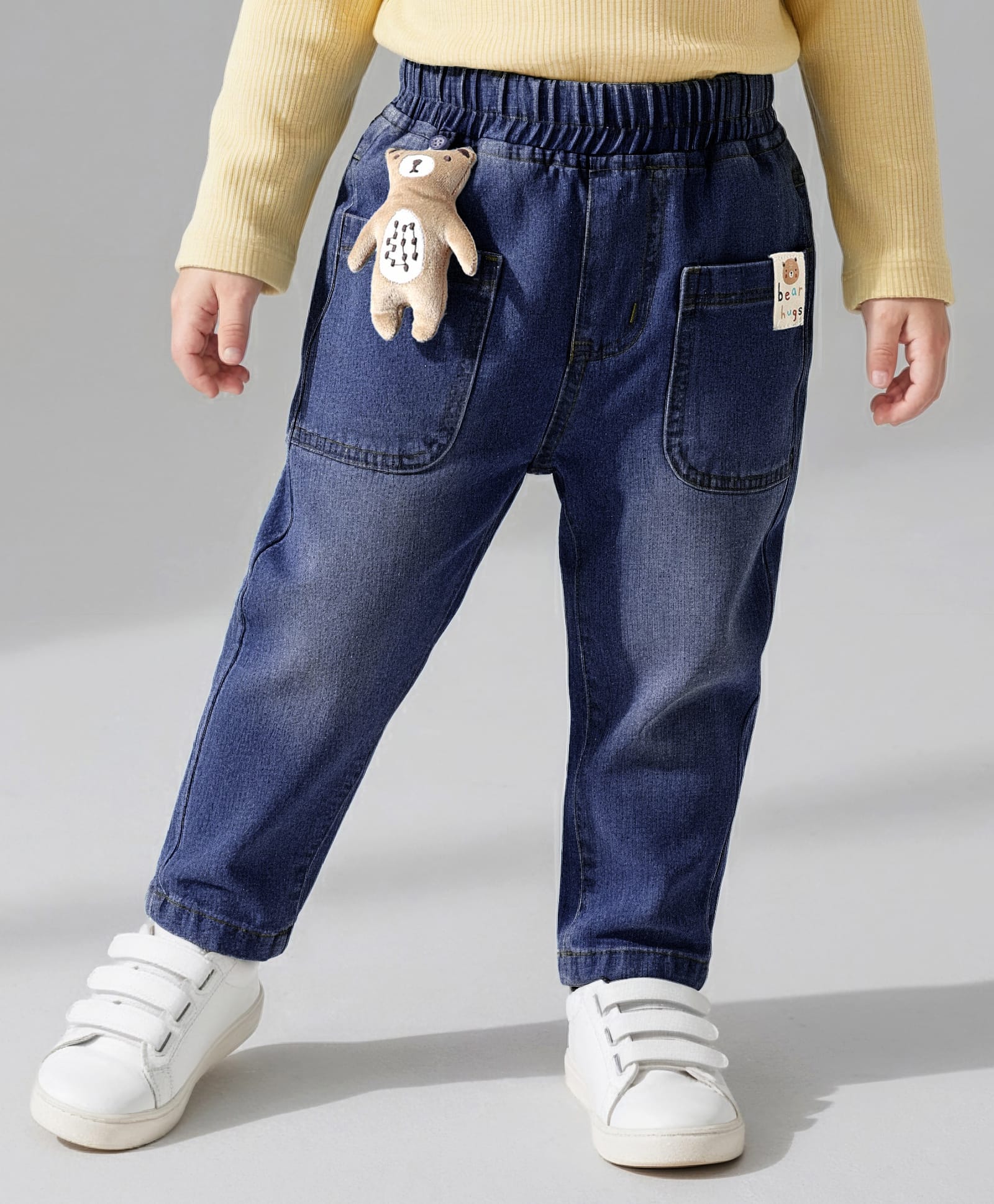 Little Kangaroos Denim Woven Full Length Jeans With Front Pockets & Teddy Bead Applique - Navy Blue-picture-33
