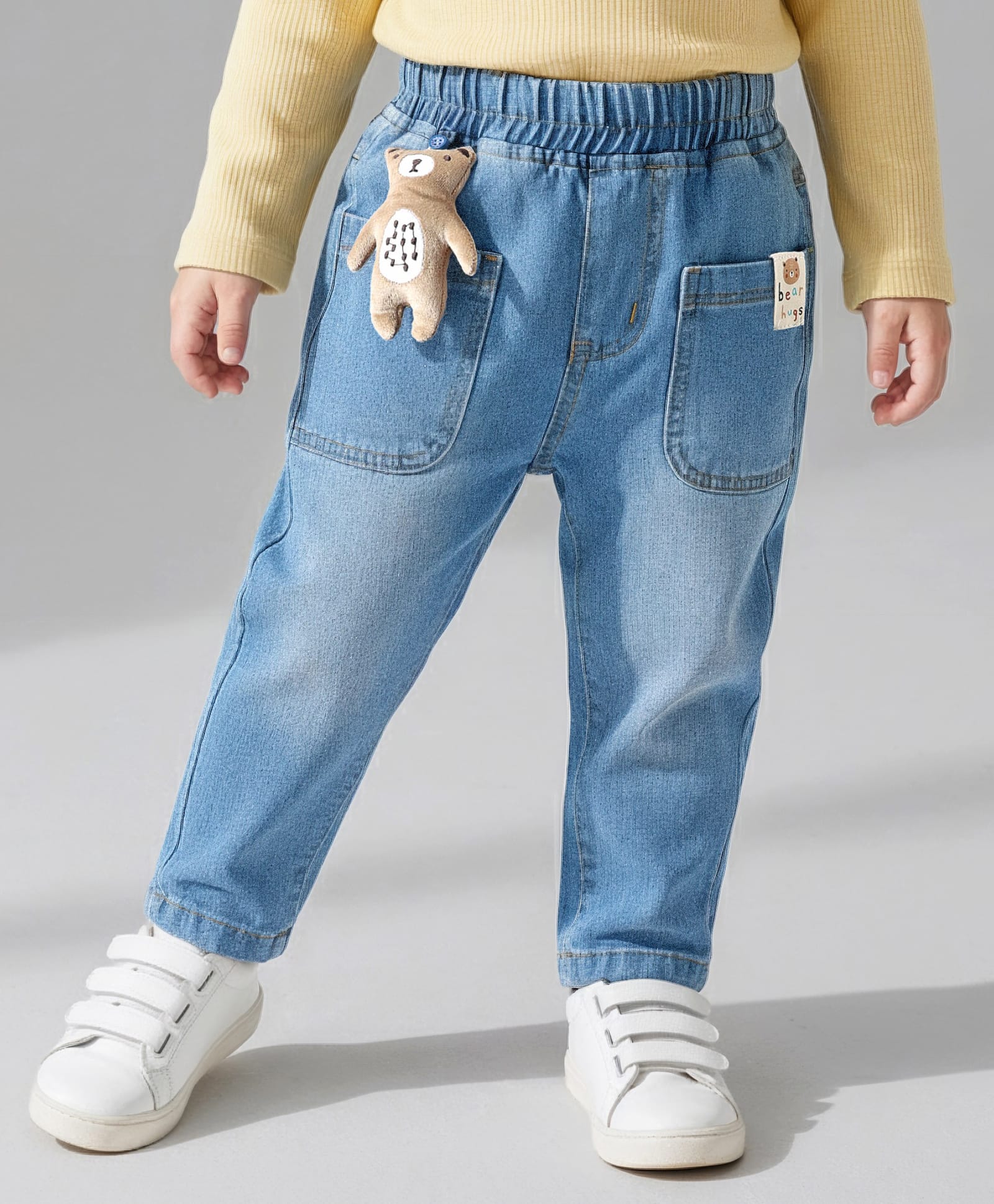 Little Kangaroos Denim Woven Full Length Jeans With Front Pockets & Teddy Bead Applique - Light Blue-picture-18