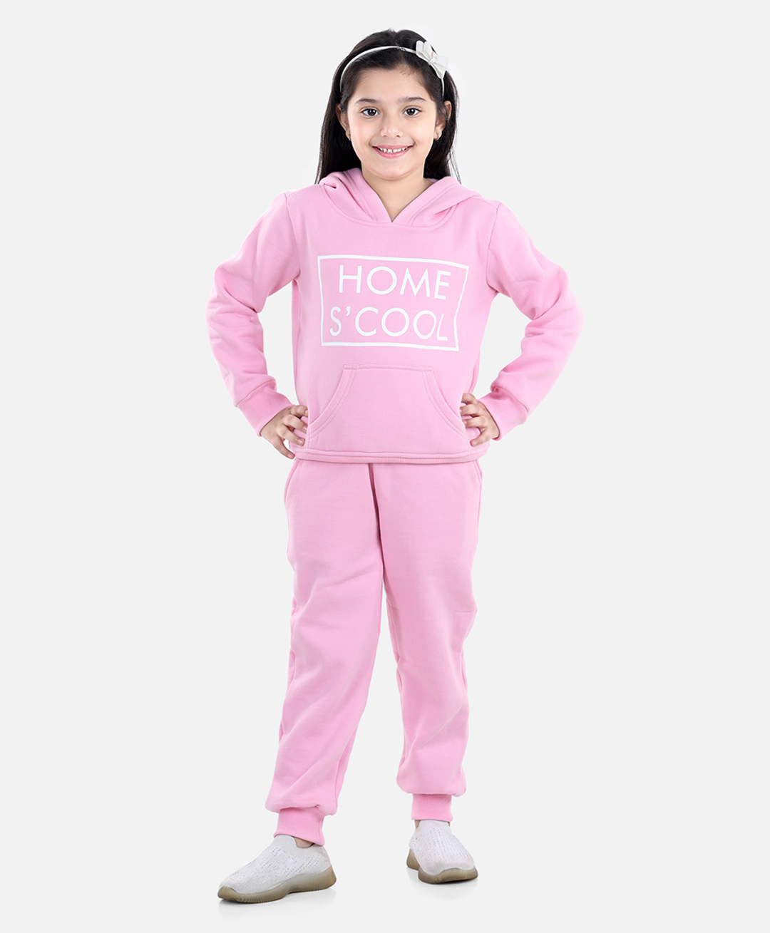 StyleStone Fleece Woven Full Sleeves Home School Text Printed Hooded Sweatshirt & Joggers Set - Light Pink-picture-17