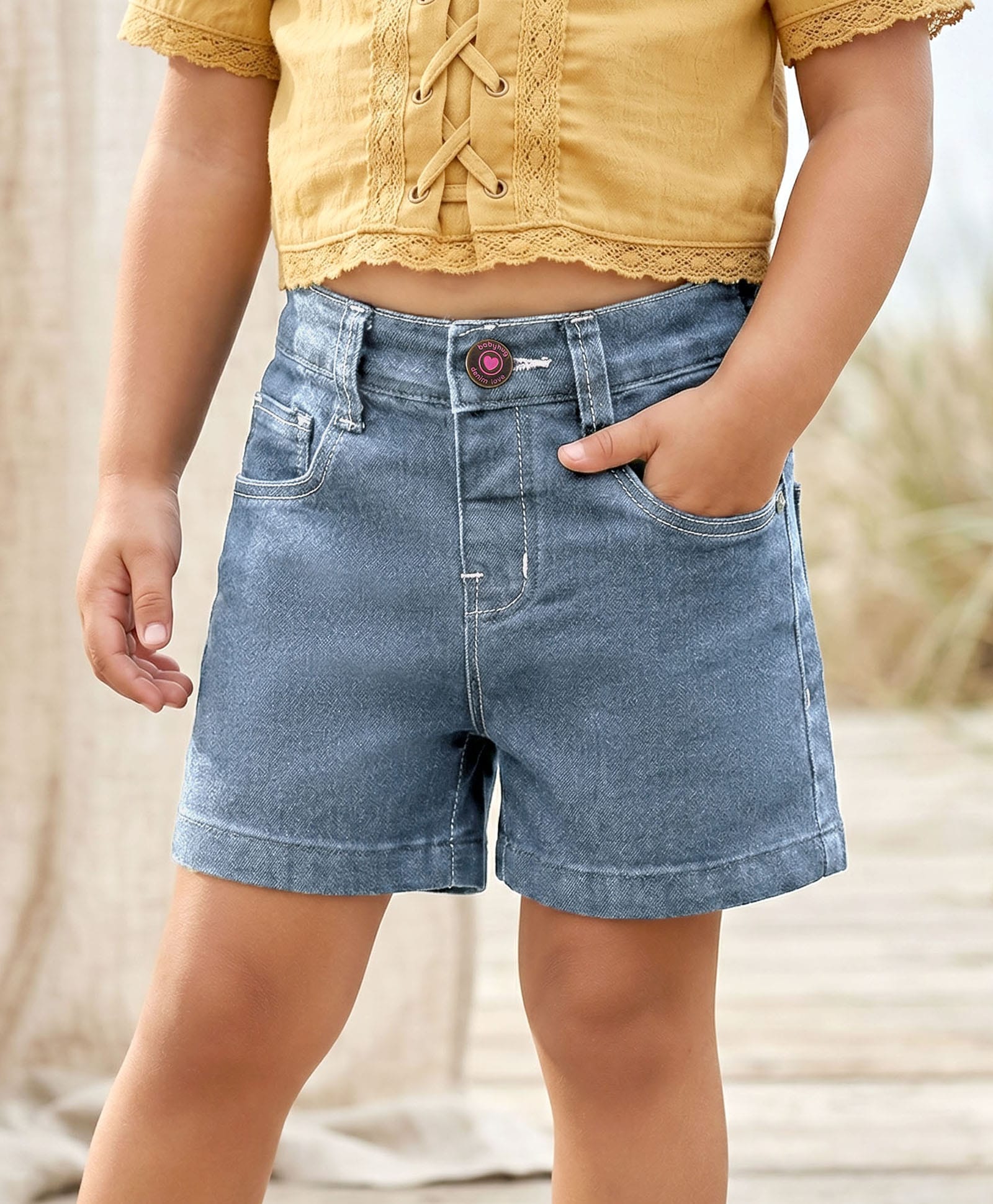 Babyhug Mid Thigh Denim Washed Shorts With Stretch - Blue-image-10