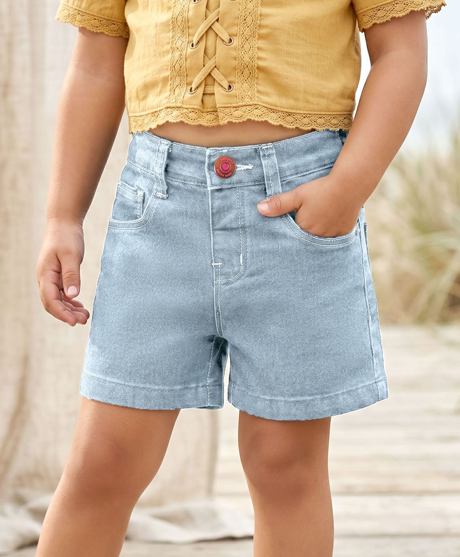 Babyhug Mid Thigh Denim Washed Shorts With Stretch - Light Blue-image-25
