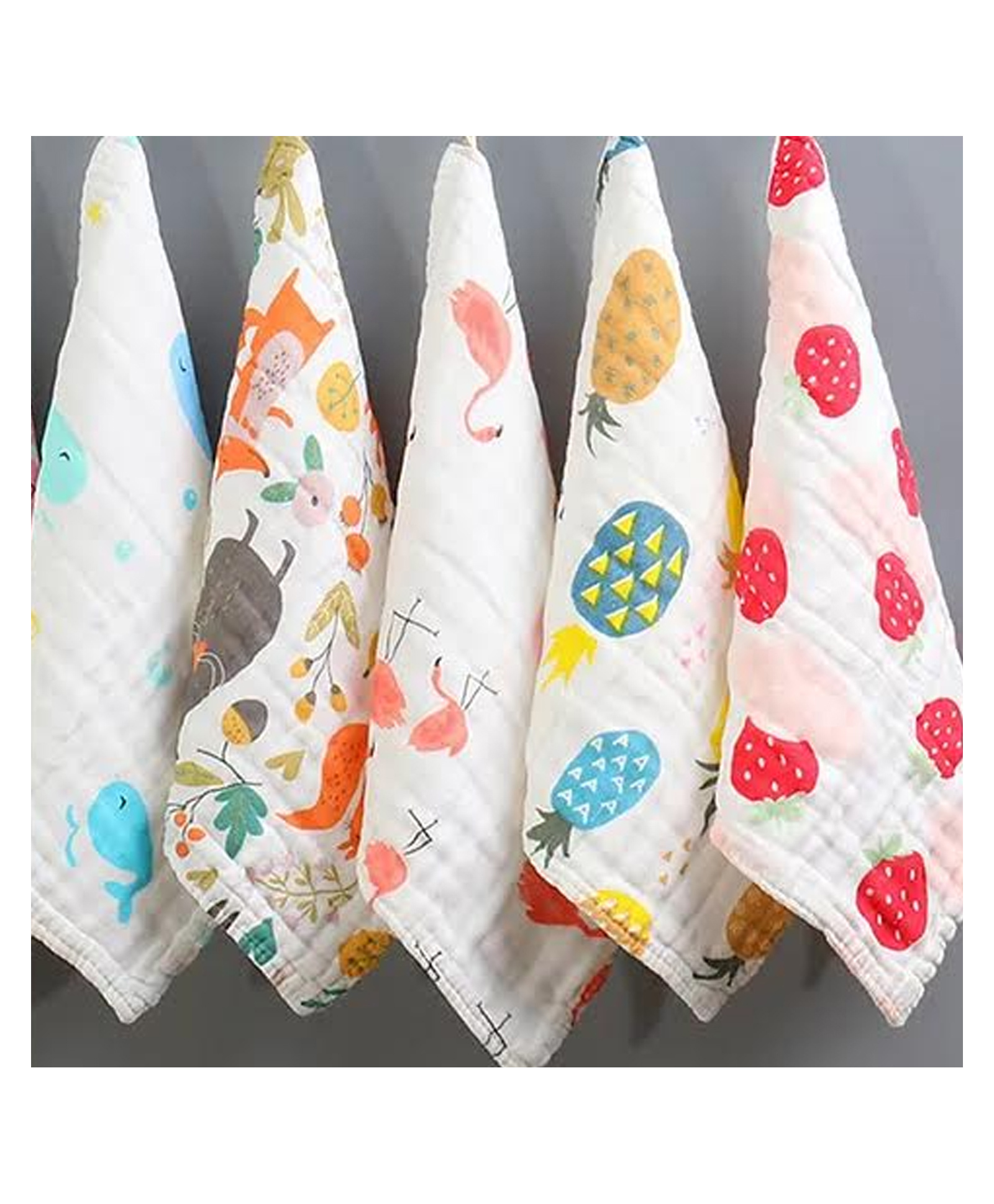 Mom's Home Muslin Wash Cloth Towels Cum Wipes Multi Print Pack of 5 - White
