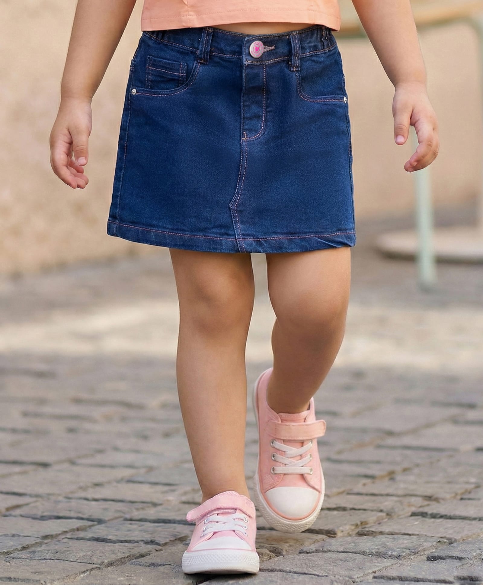 Babyhug Denim Mid Thigh Washed Skirt With Stretch - Navy Blue