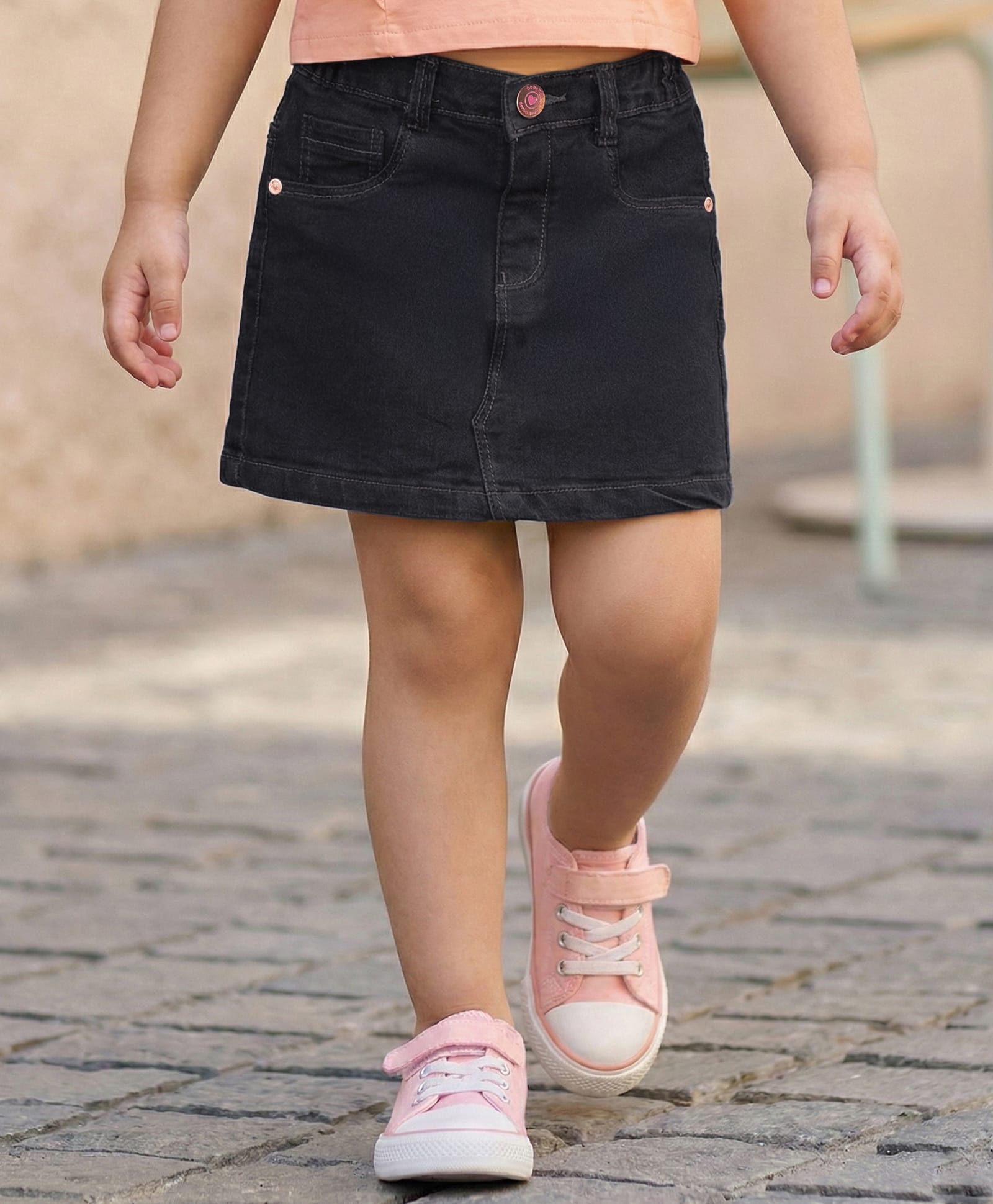 Babyhug Denim Mid Thigh Washed Skirt With Stretch - Black-picture-18