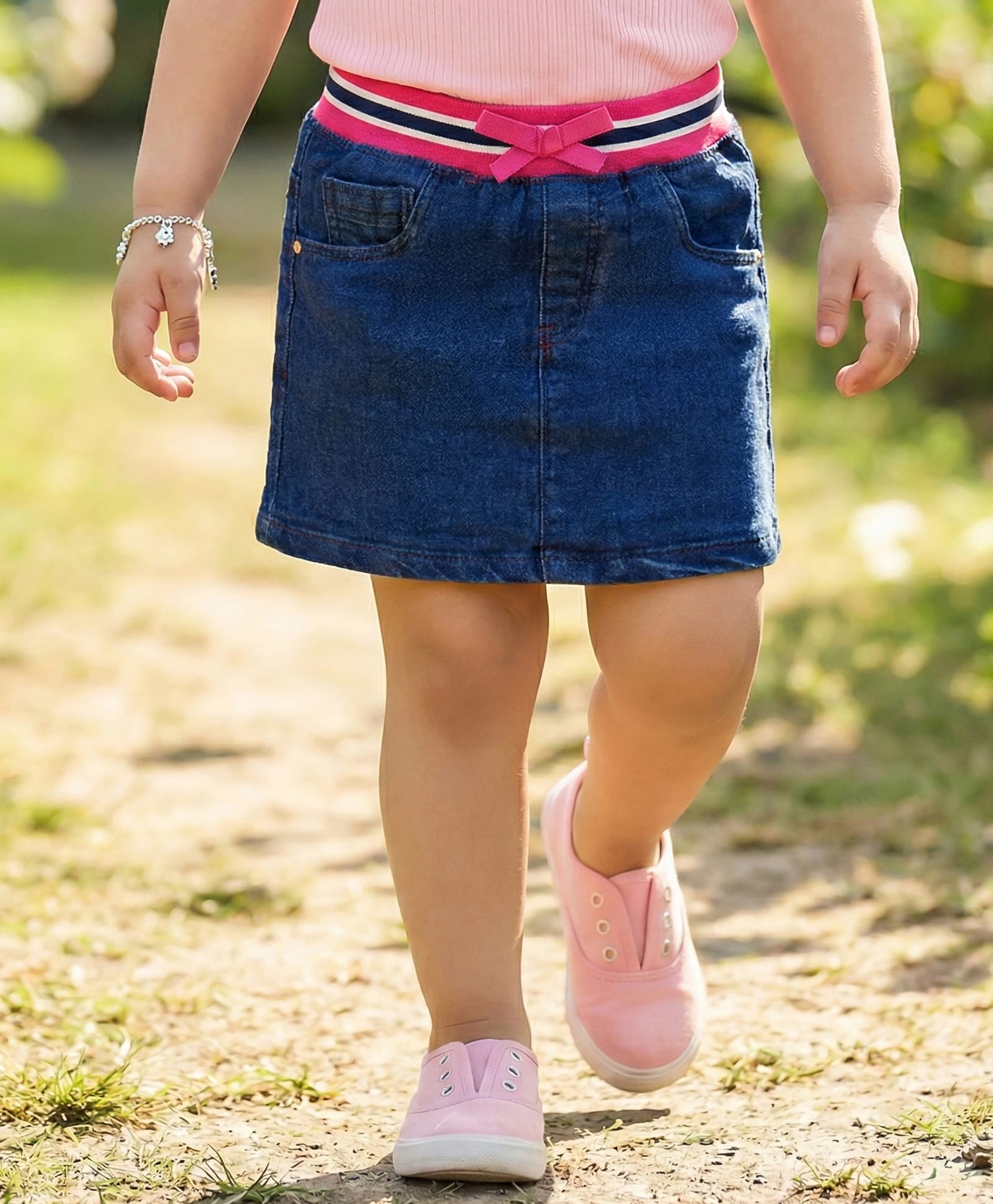 Babyhug Denim Mid Thigh Ribbed Waist Washed Skirt With Bow Applique - Navy Blue-image-43