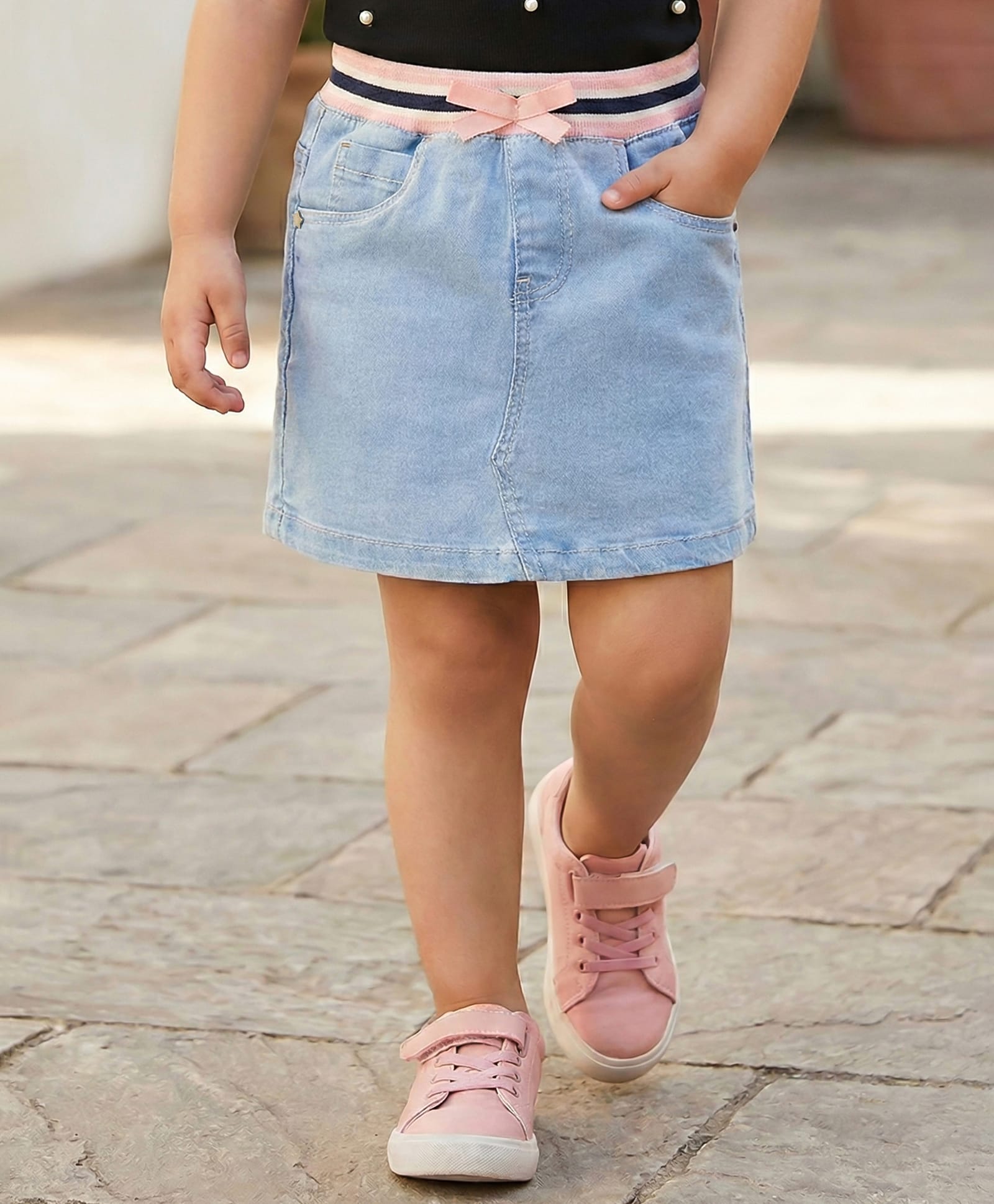 Babyhug Denim Mid Thigh Ribbed Waist Washed Skirt With Bow Applique - Light Blue-image-15