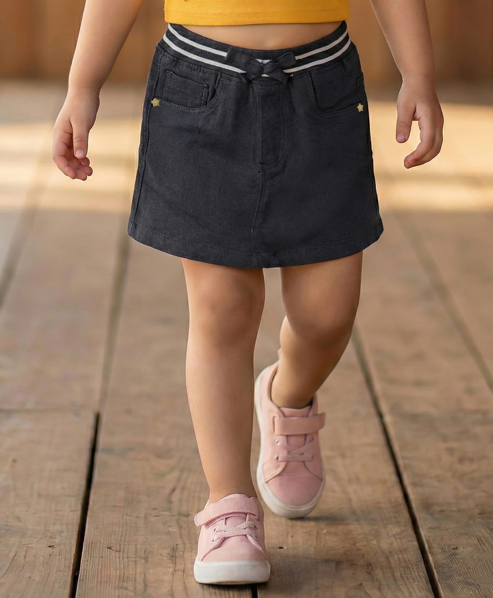 Babyhug Denim Mid Thigh Ribbed Waist Washed Skirt With Bow Applique - Black-image-17