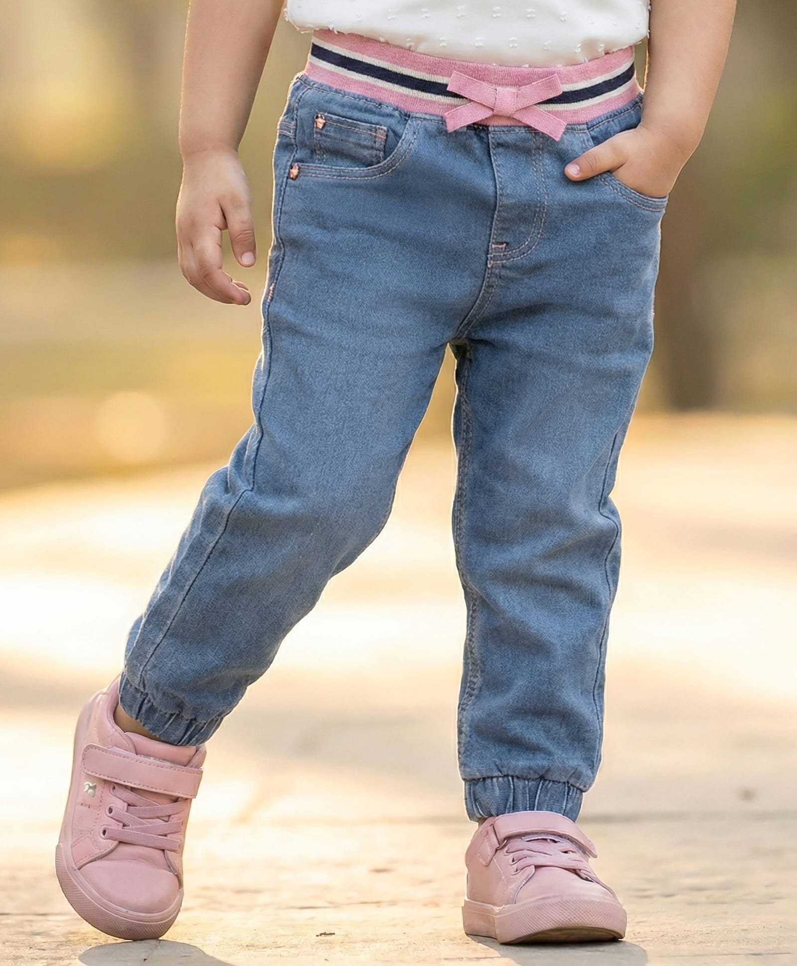 Babyhug Full Length Washed Denim Jeans With Ribbed Waist - Blue-picture-25