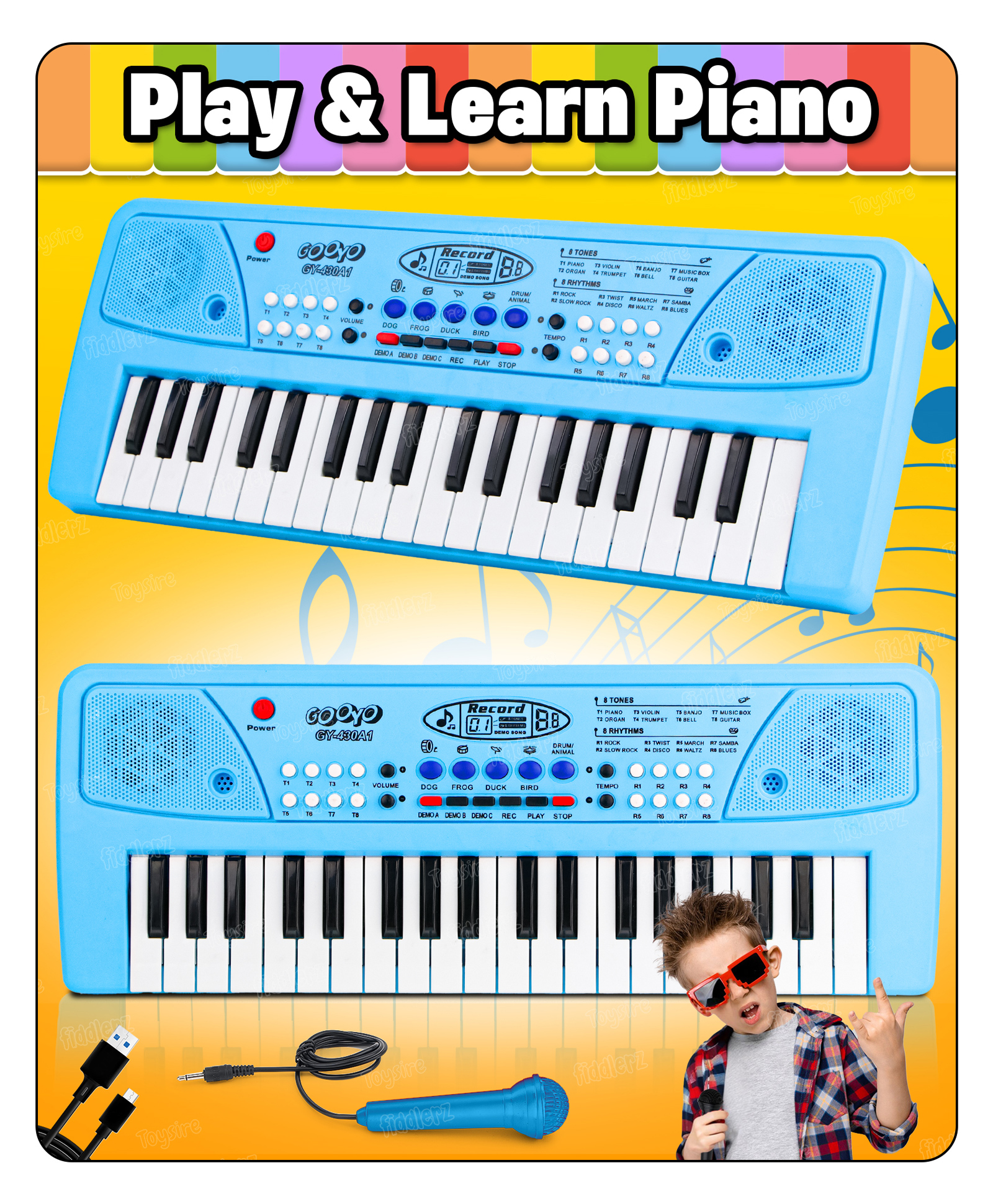 Fiddlerz 37 Key Piano Keyboard Toy with Power Option, Recording and Mic, Electronic Piano Keyboard Multi-Function Portable Piano Keyboard - Blue