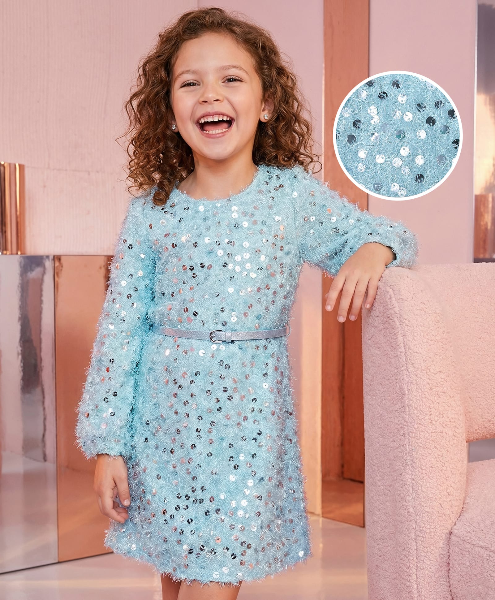 Hola Bonita Knit Full Sleeves Fur Party Dress With Sequin Detailing & Belt - Light Blue-image-41