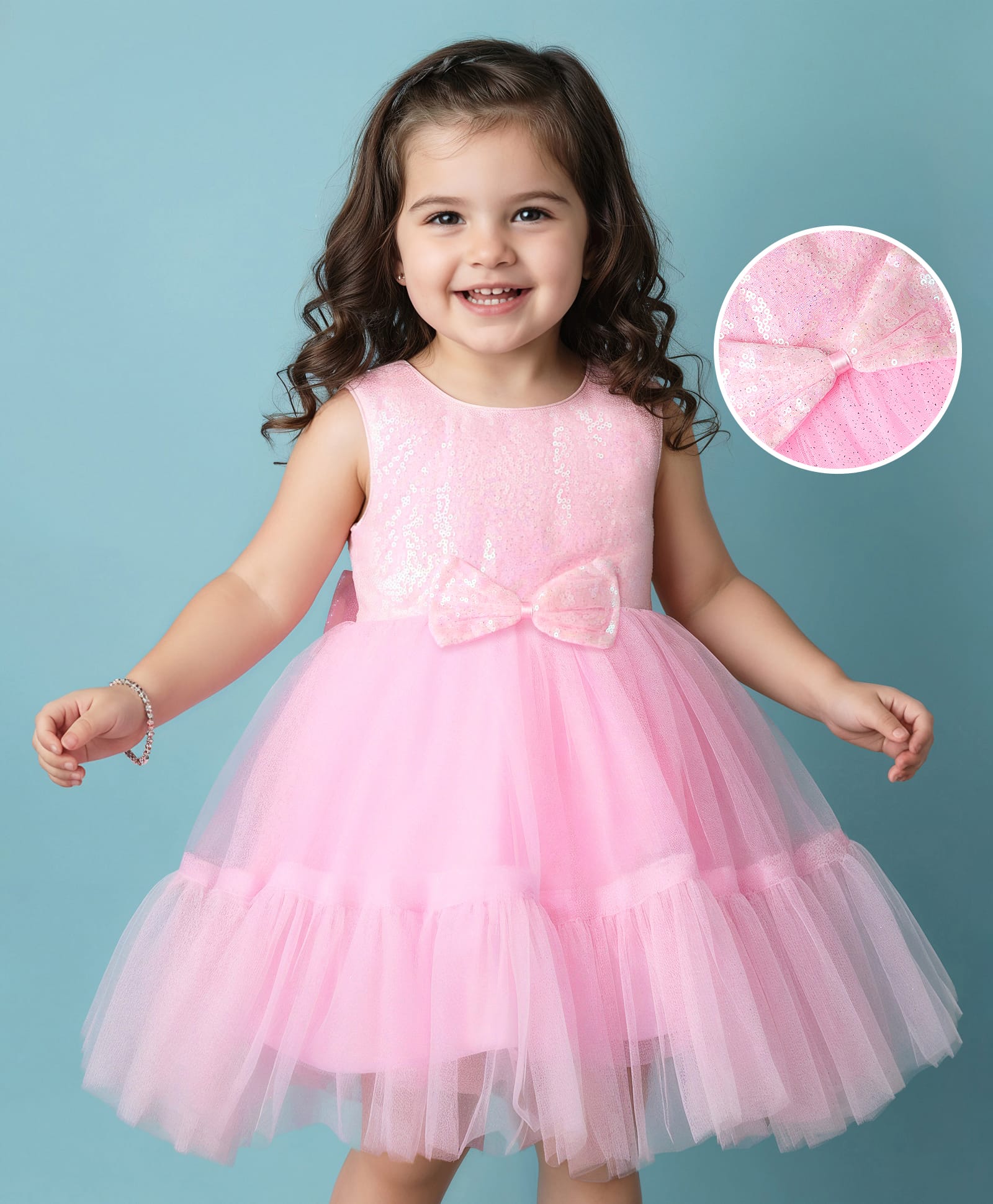 Babyhug 5 Layers Mesh Sleeveless Solid Sequinned Dress With Bow Applique & Cotton Lining - Pink-picture-24