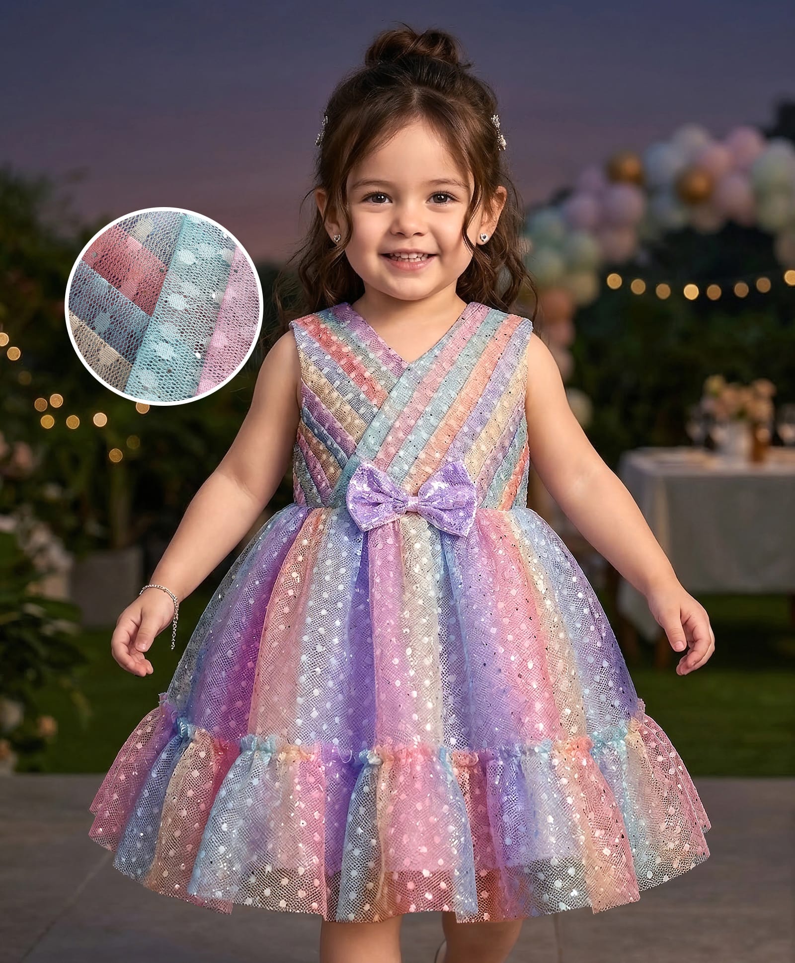 Babyhug Woven Sleeveless Mesh Pleated Party Dress with Bow Applique & Sequin Detailing - Multicolor-image-19
