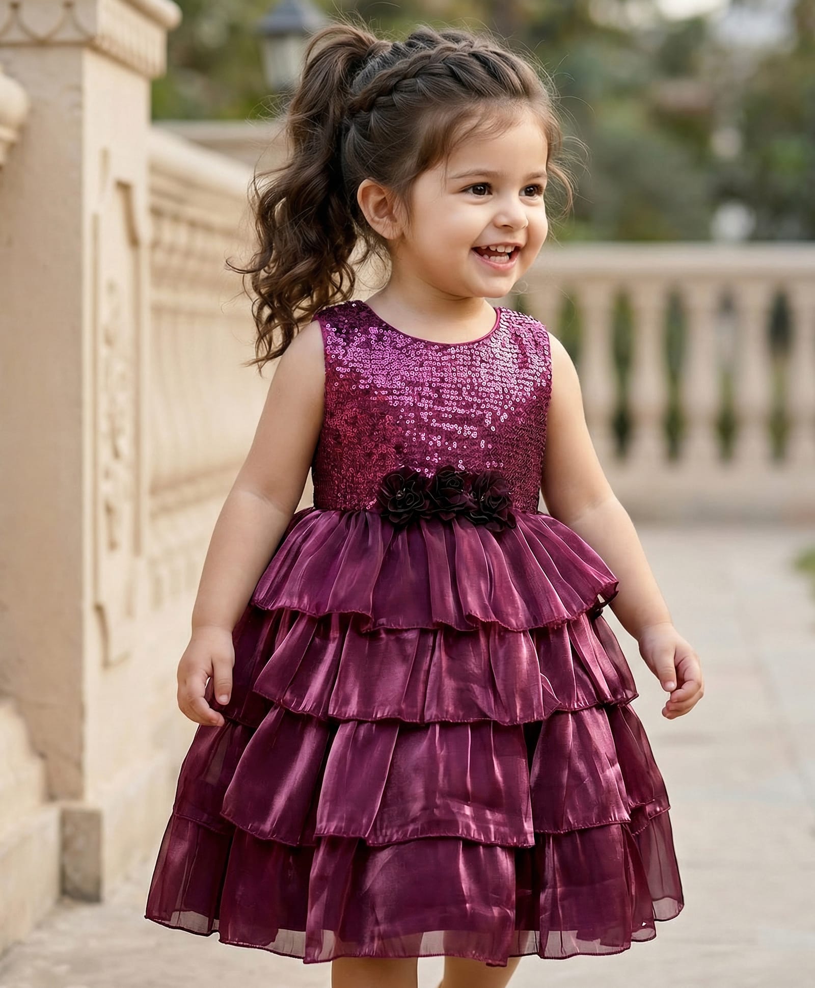 Babyhug Woven Sleeveless Fit & Flare Layered Party Dress with Sequin & Floral Applique - Wine-image-43
