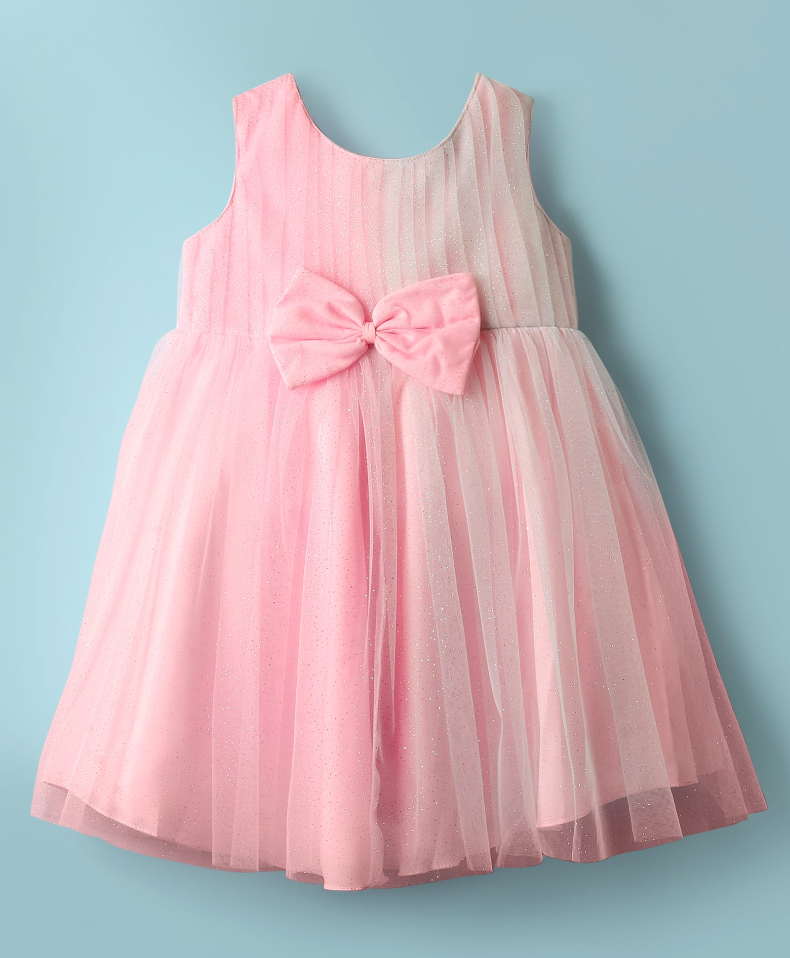 Babyhug Woven Sleeveless Mesh Party Dress with Bow Applique - Pink-image-23