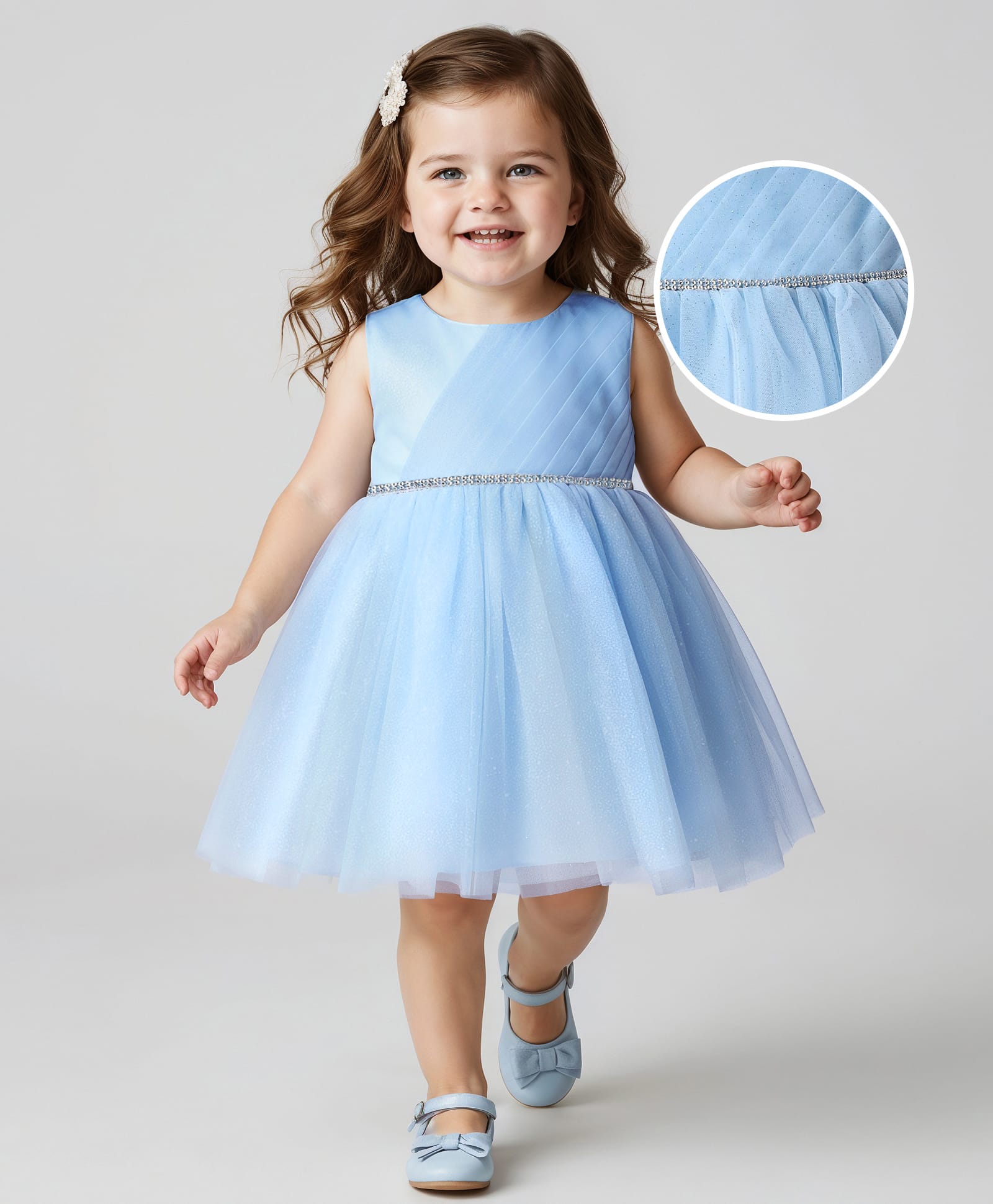 Babyhug Woven Sleeveless Mesh Party Dress with Pin Tuck & Lace Detailing - Light Blue-picture-28