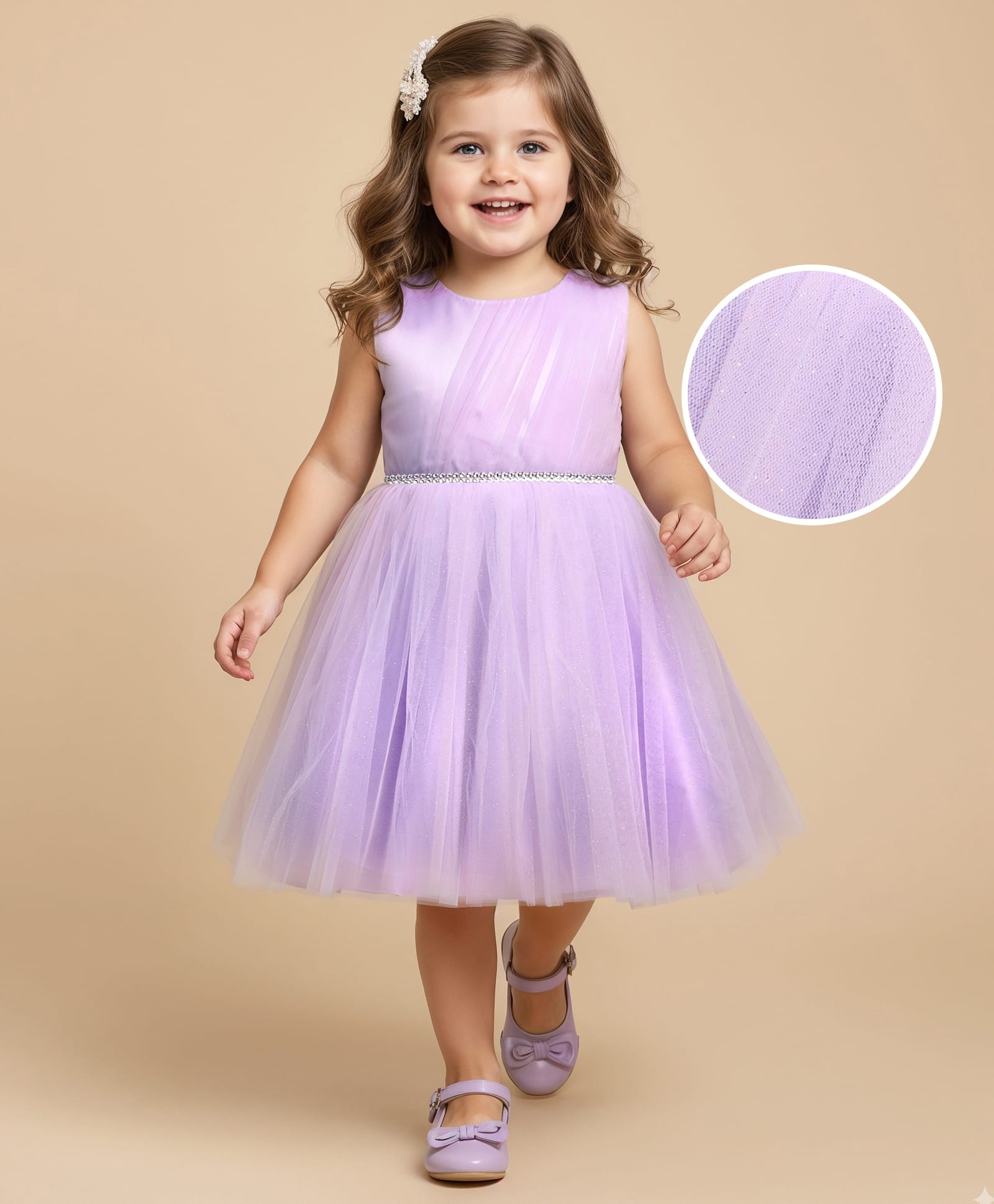 Babyhug 5 Layers With Cotton Lining Sleeveless Glitter Mesh Party Dress With Yoke Pleating - Lavender-picture-13