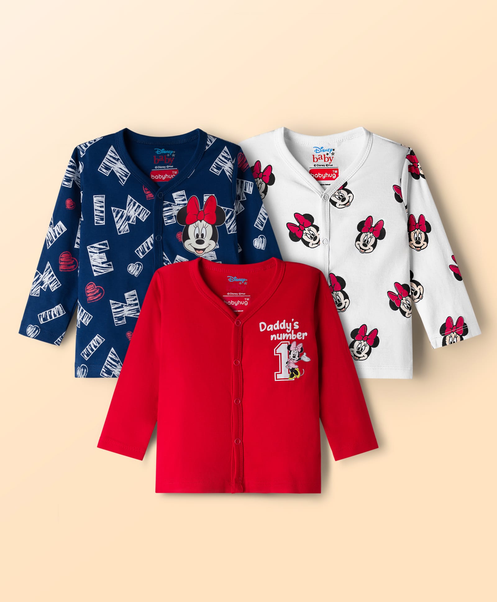 Babyhug Disney Interlock Knit Full Sleeves Jhablas With Minnie Mouse Print Pack Of 3 - Navy Blue Red & White-picture-25