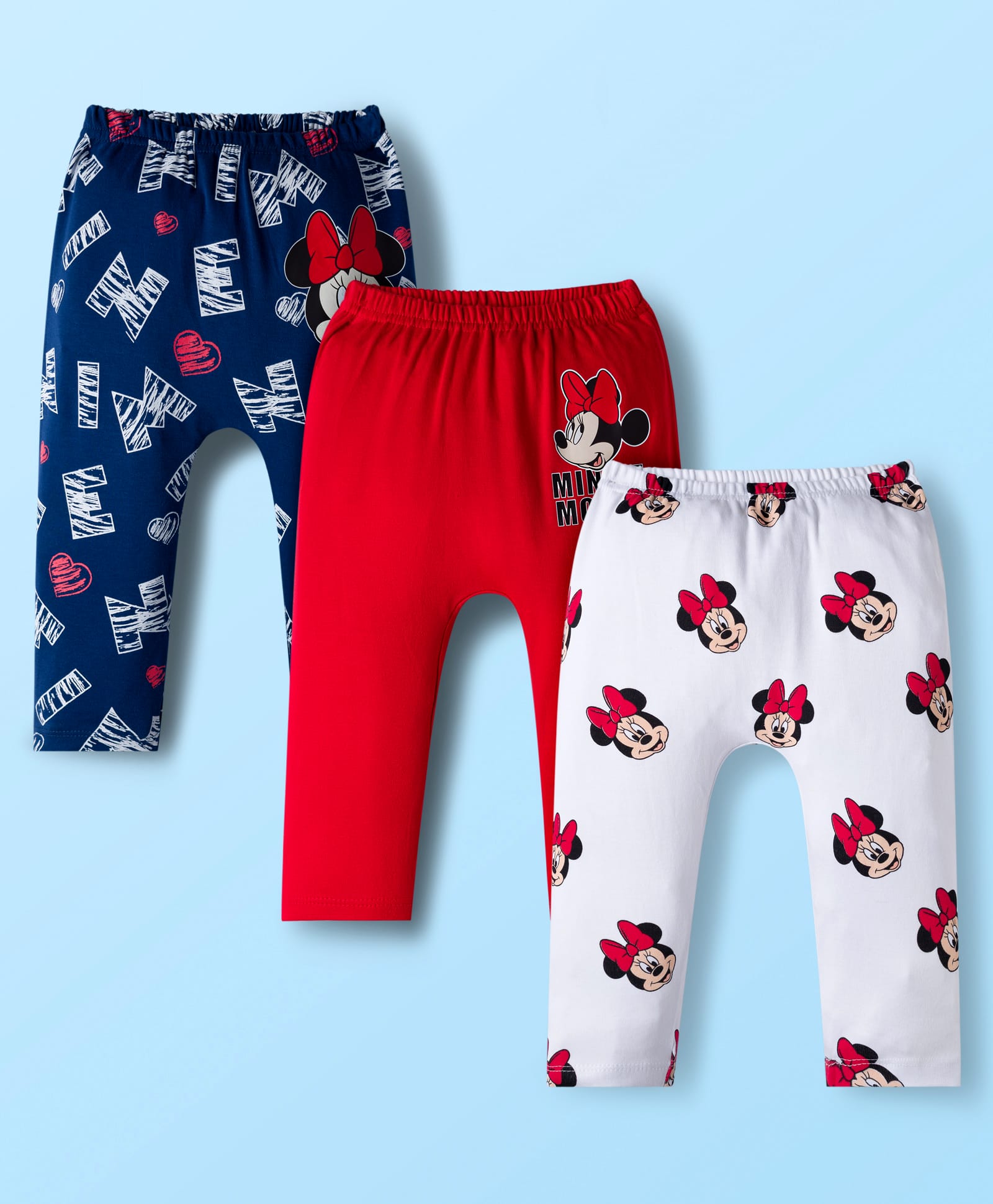 Babyhug Disney Interlock Knit Full Length Diaper Leggings With Minnie Mouse Family Graphics Pack Of 3 - Red Navy Blue & White