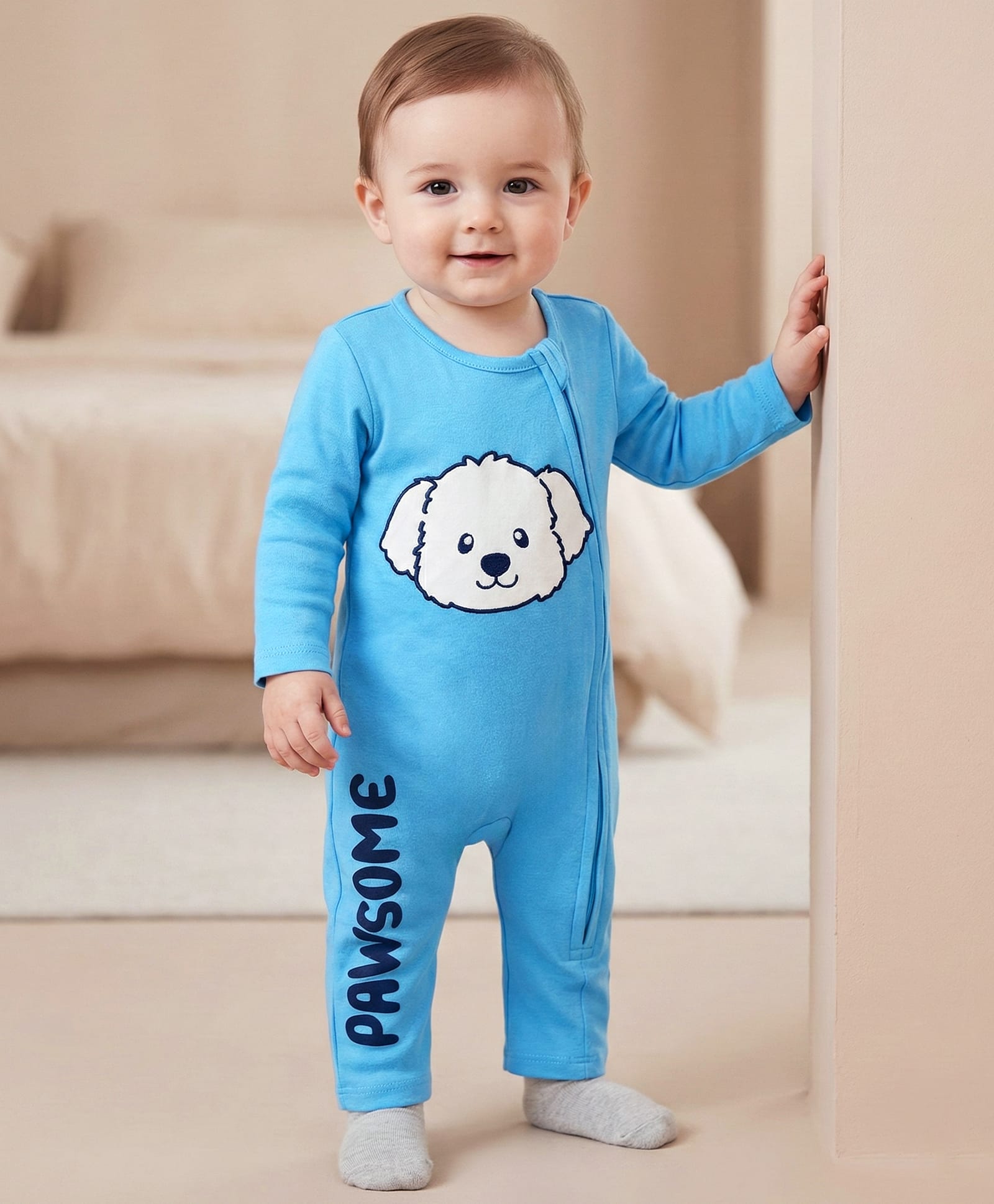Babyoye 100% Cotton Knit Full Sleeves Romper With Dog Print - Light Blue-picture-43