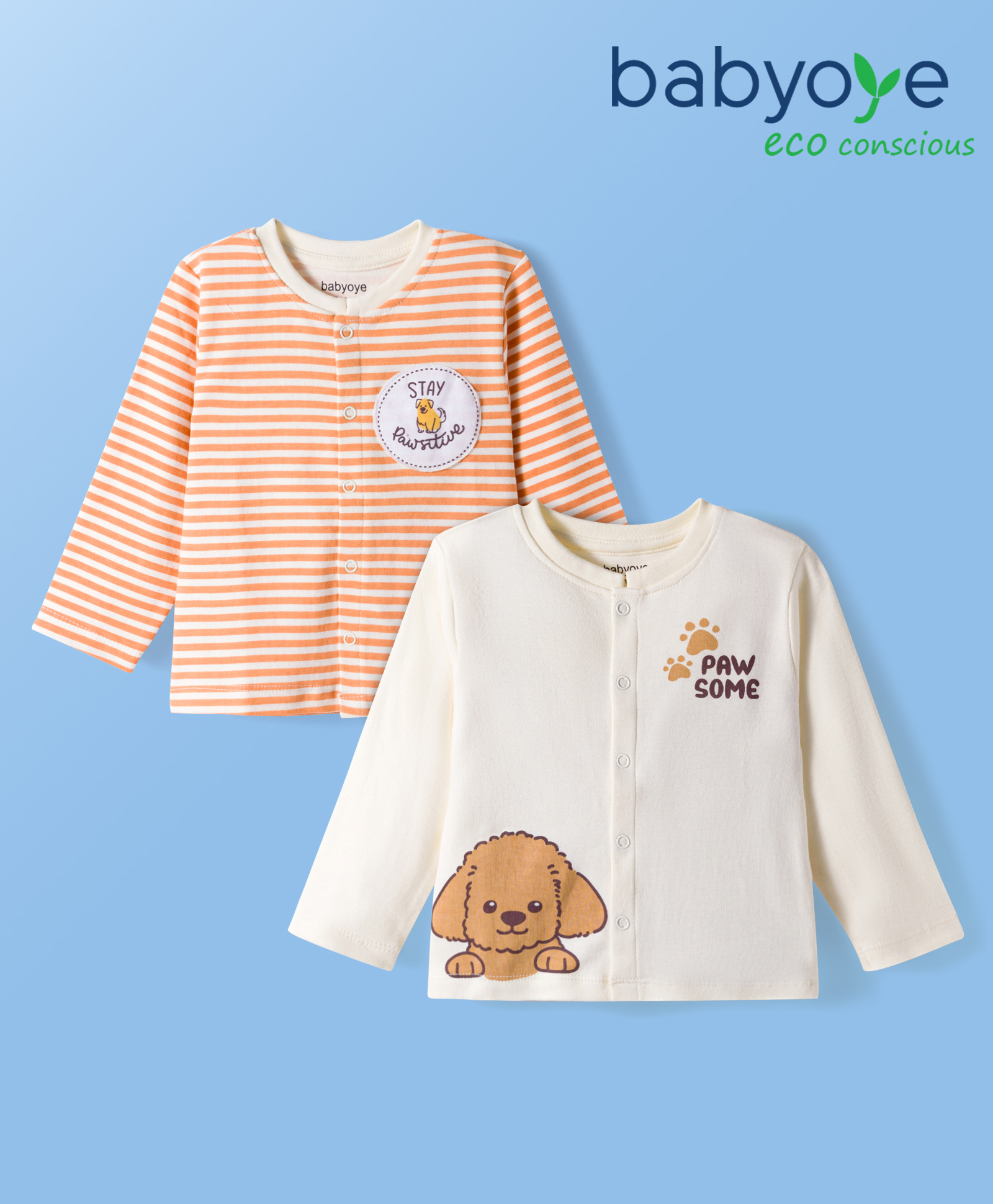 Babyoye 100% Cotton Knit Full Sleeves Striped & Puppy Printed Jhablas Pack of 2 - White & Orange-picture-20