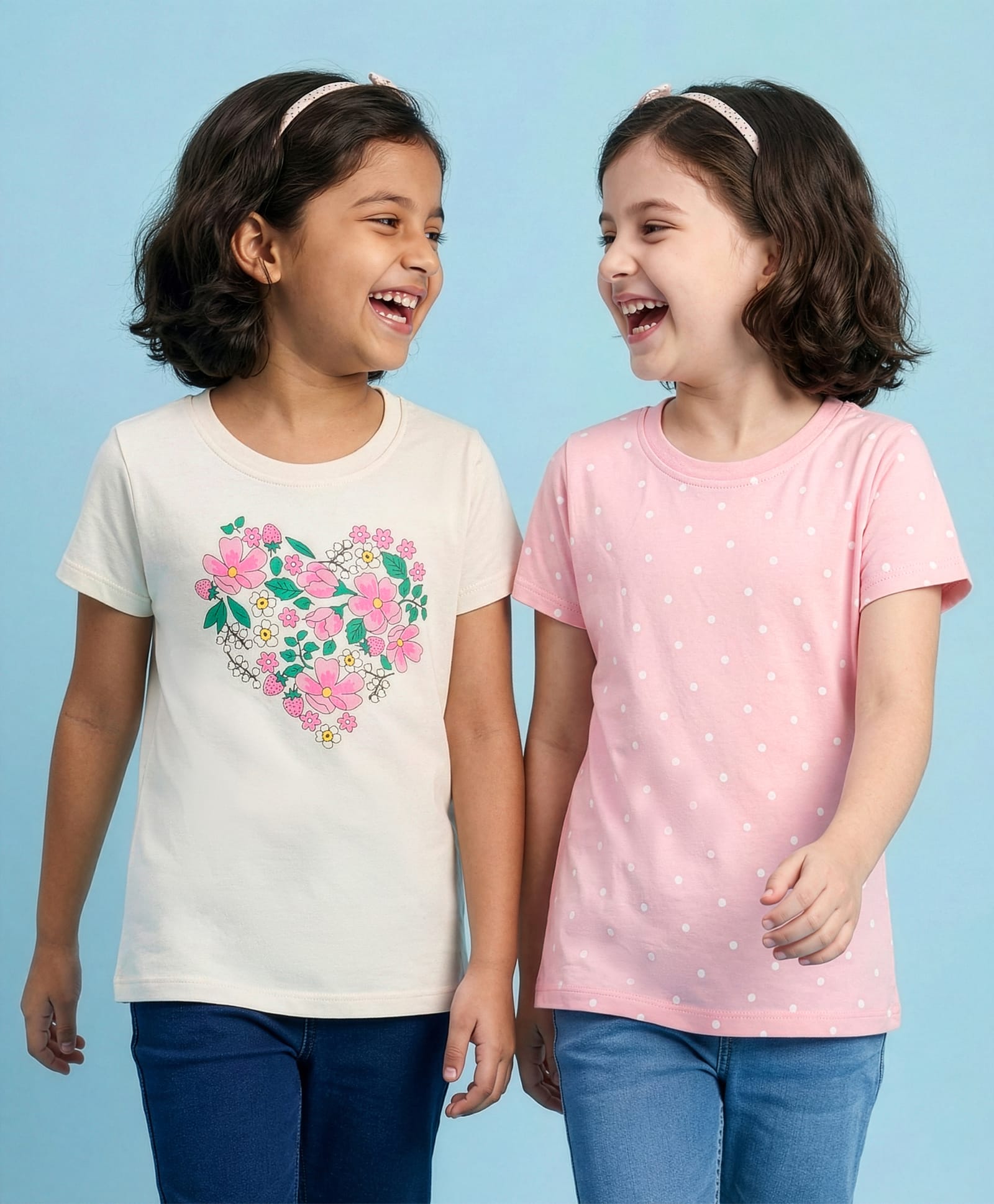 Honeyhap Premium 100% Cotton Knit With Bio Finish Half Sleeves T-Shirts with Polka Dots & Floral Print Pack of 2 - Gardenia & Baby Pink-picture-33