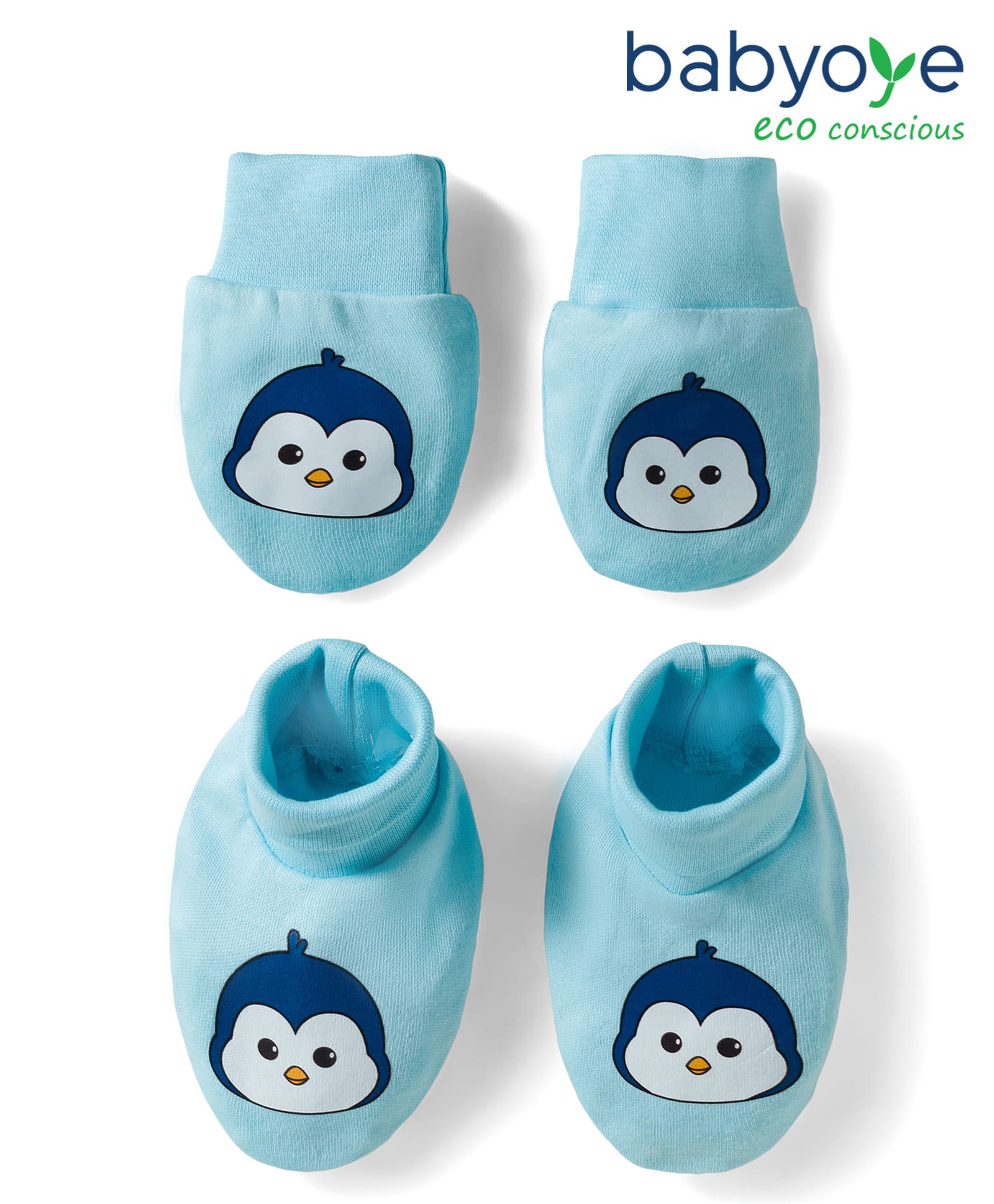 Babyoye 100% Cotton Knit Mittens & Booties Set with Penguin Print - Turquoise-image-42