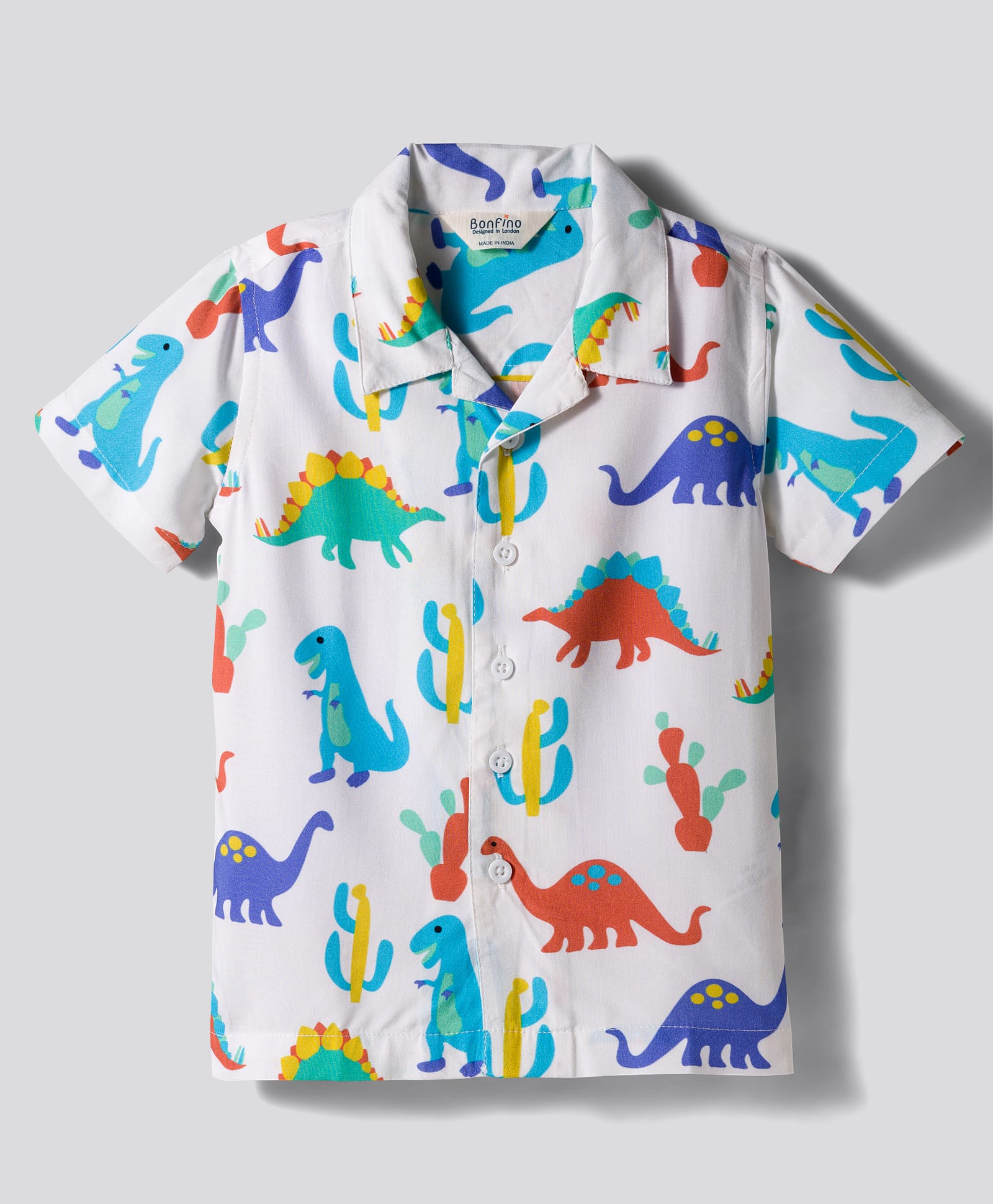 Bonfino 100% Rayon Woven Half Sleeve Dino Print Shirt - White-picture-0