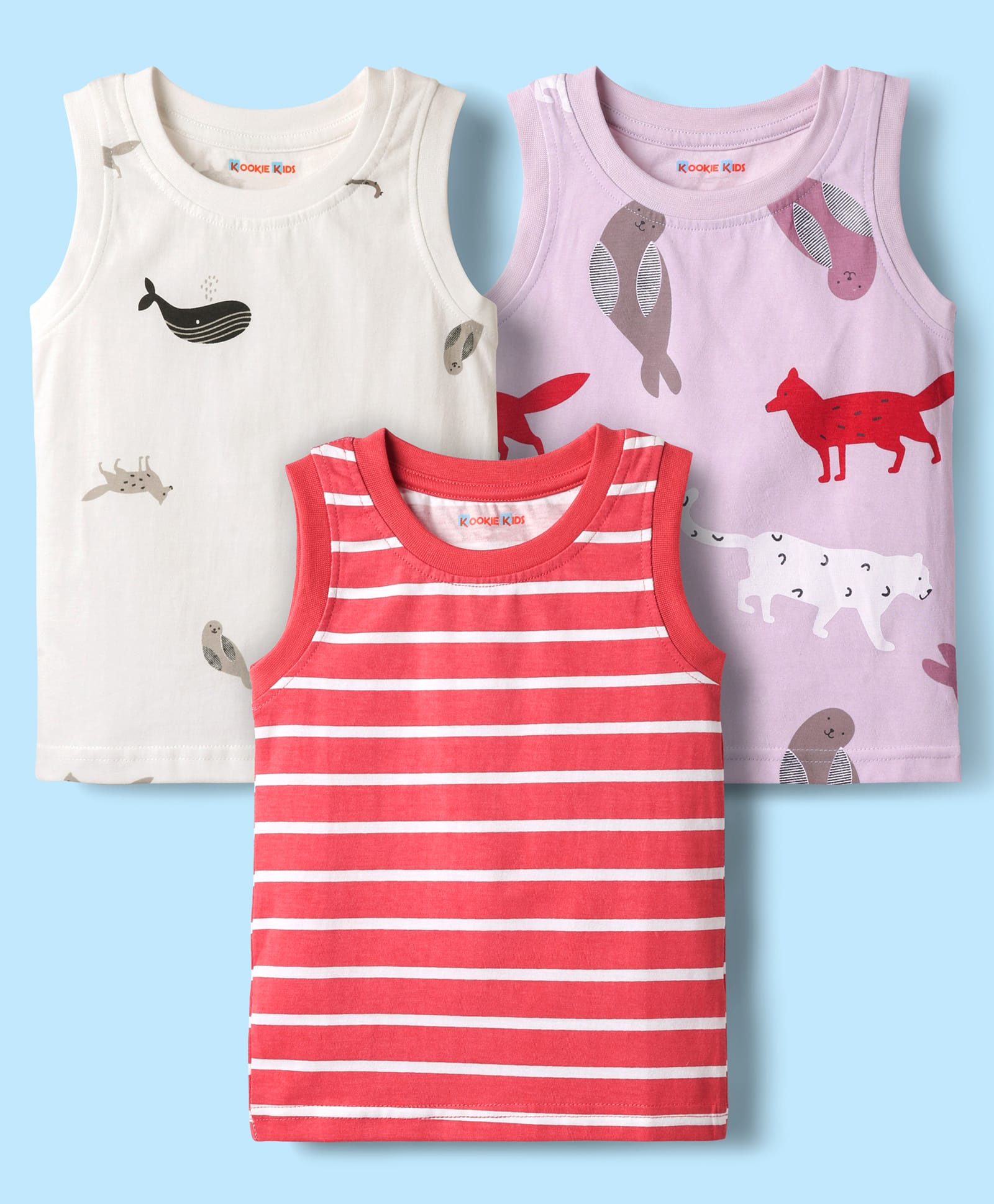 kookie kids india Kookie Kids 100% Cotton Sleeveless Vests With Stripes Animal & Sea Life Print Pack Of 3 -Multicolor-picture-22