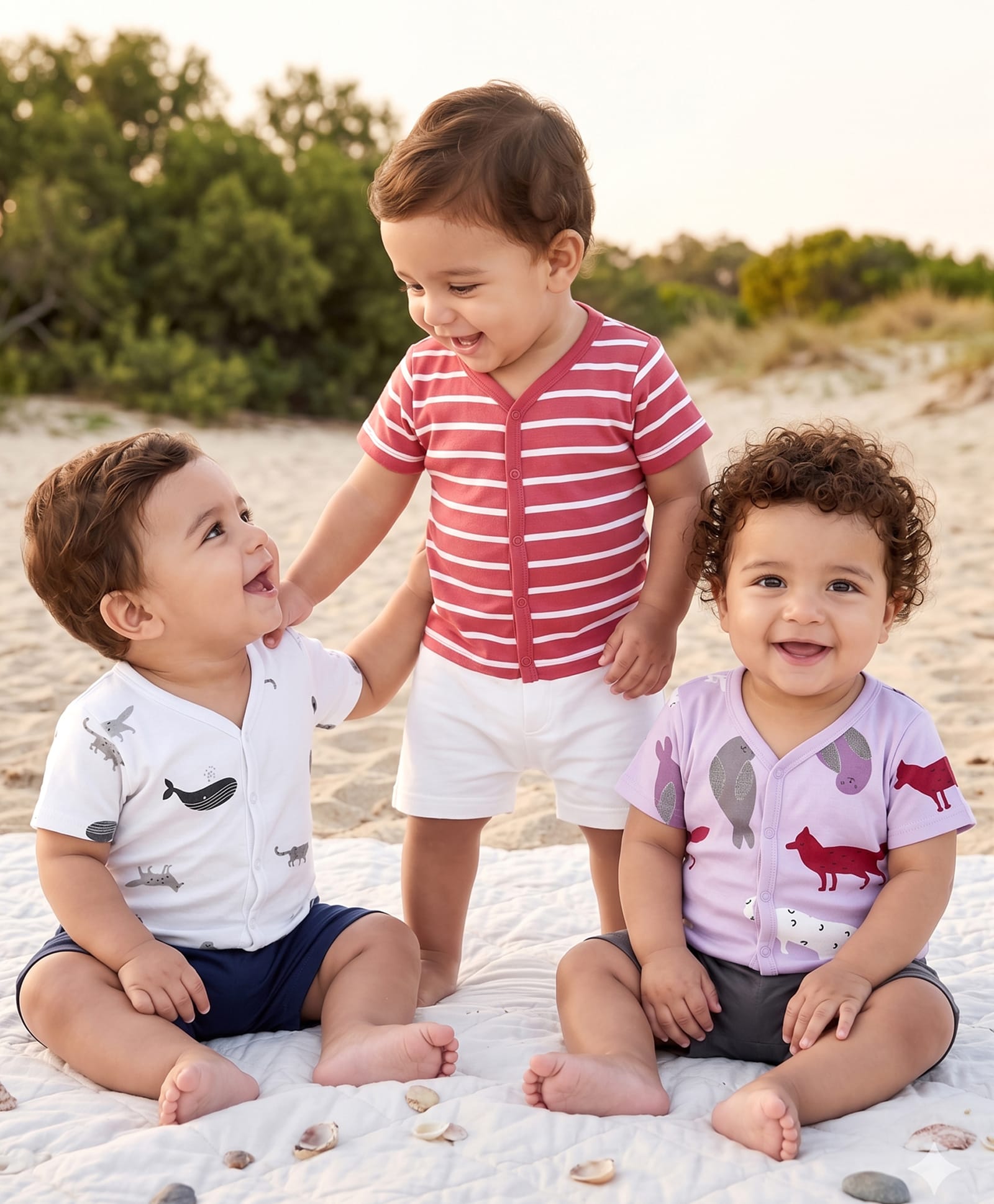 Kookie Kids India 100% Cotton Half Sleeves Front Open Jhablas With Stripes Animals & Sea Life Print Pack Of 3 - White Pink & Red-picture-32
