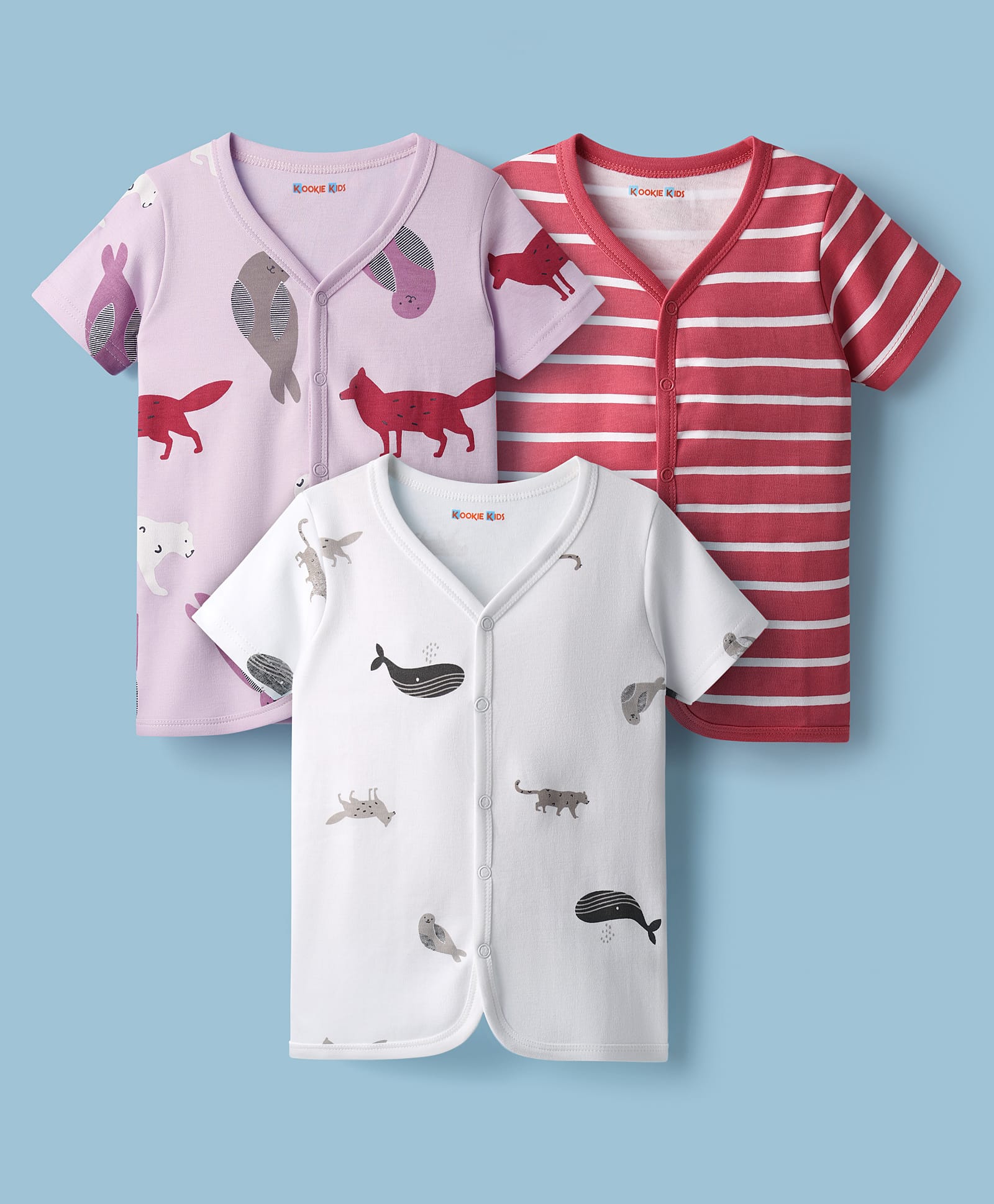 Kookie Kids India 100% Cotton Half Sleeves Front Open Jhablas With Stripes Animals & Sea Life Print Pack Of 3 - White Pink & Red-picture-11