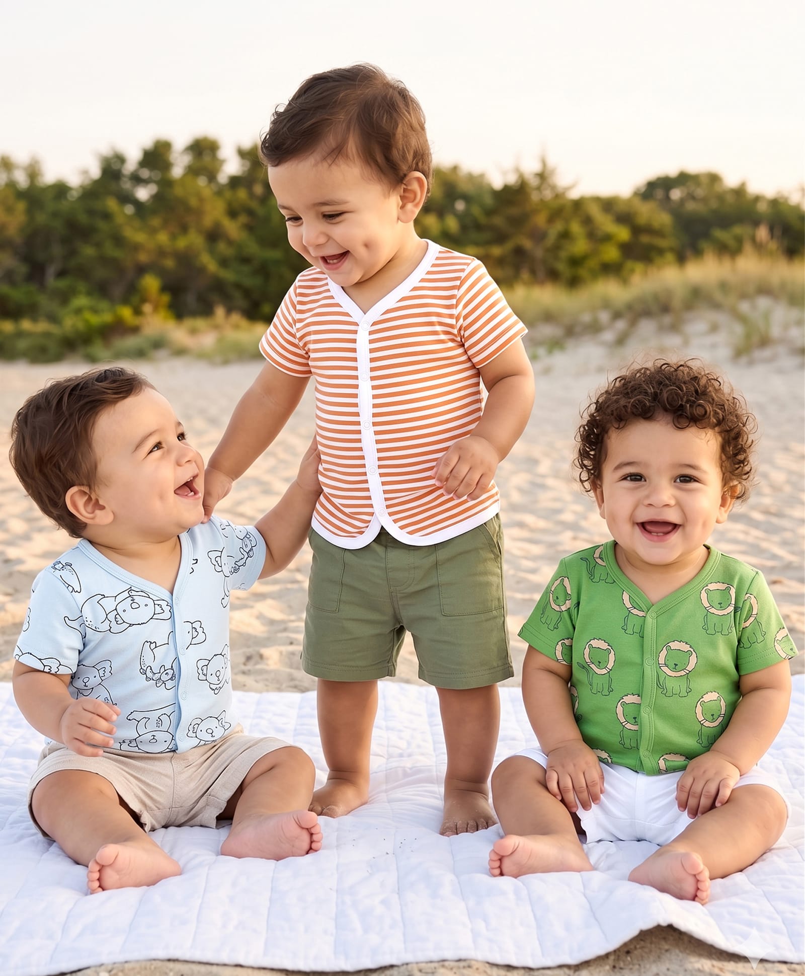 Kookie Kids Interlock Knit Half Sleeves Jhablas With Stripes & Animal Print Pack Of 3 - Multi Colour-image-49