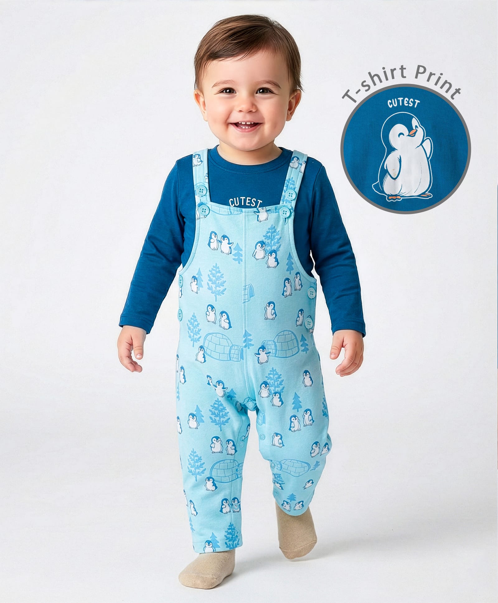 Babyoye 100% Cotton Knit Full Sleeves Tee & Dungaree with Penguin Print - Blue-picture-24