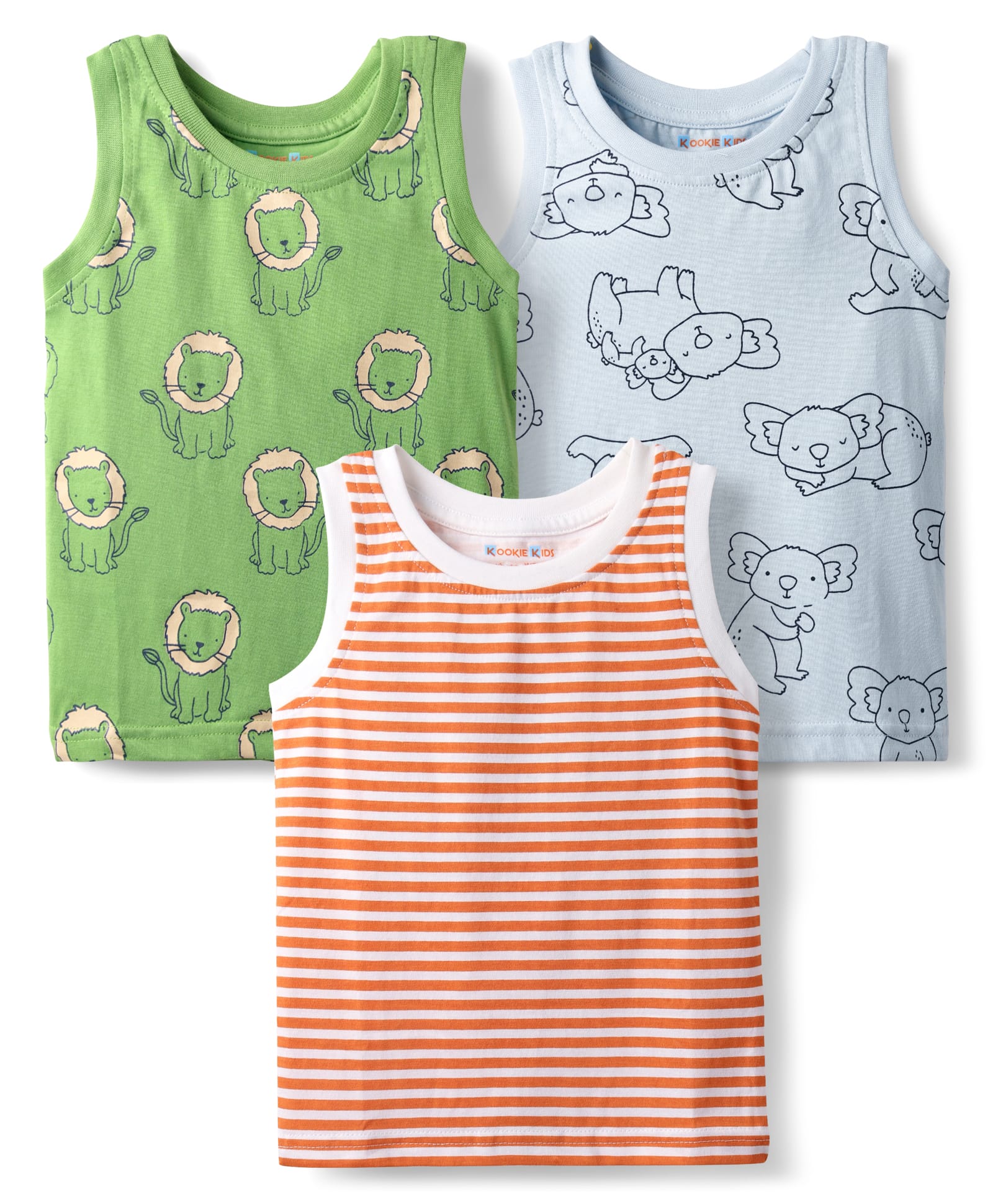 kookie kids india Kookie Kids Single Jersey Knit Sleeveless Striped Vest with Animal Print Pack of 3 - Olive Green Light Blue & White-picture-11