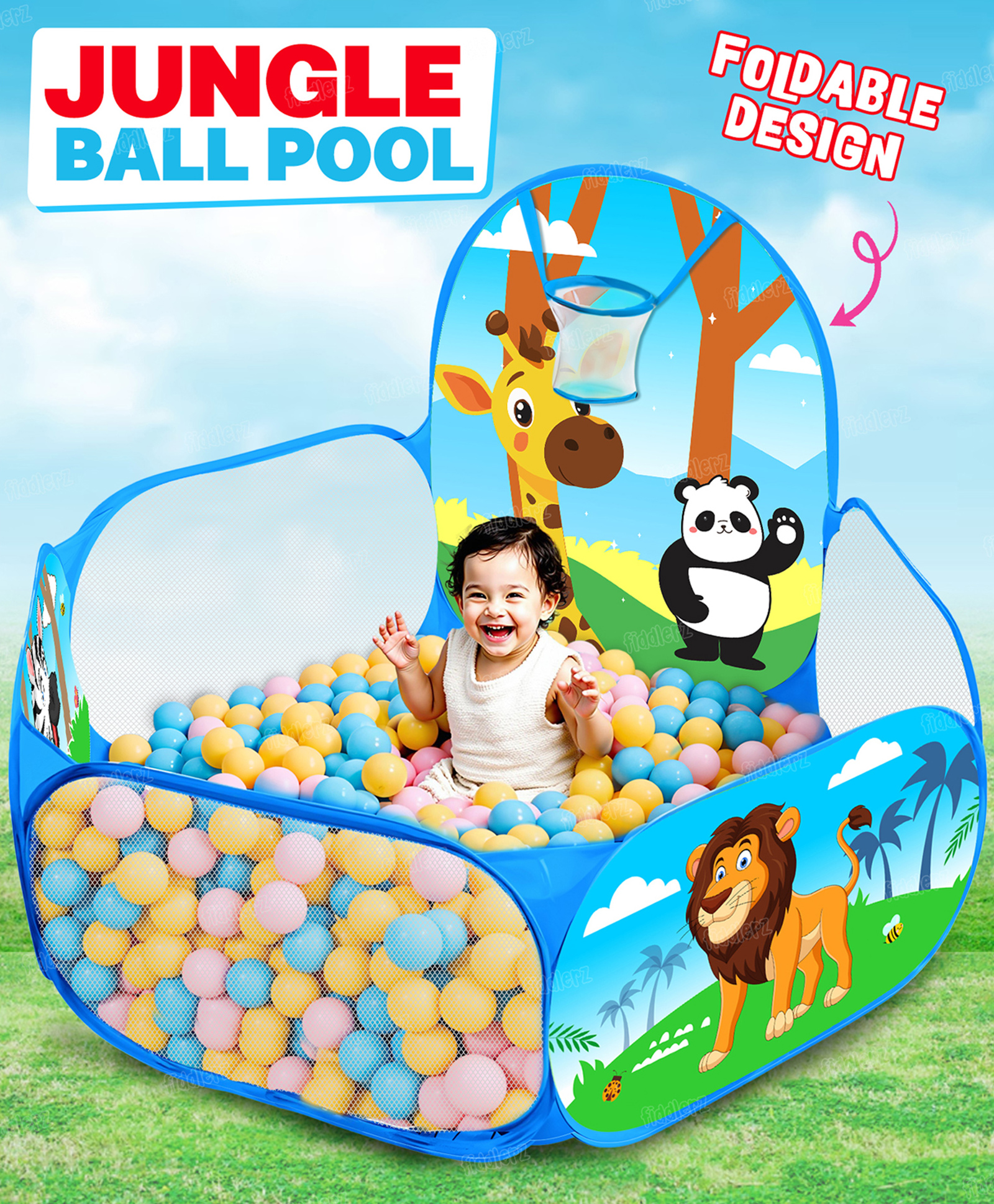 Fiddlerz Jungle Panda Ball Pool Play Tent Large Foldable Pop-Up Indoor Outdoor Ball Pit with Colorful Design Safe and Durable Fun Activity Playhouse (Balls Not Included)-image-21