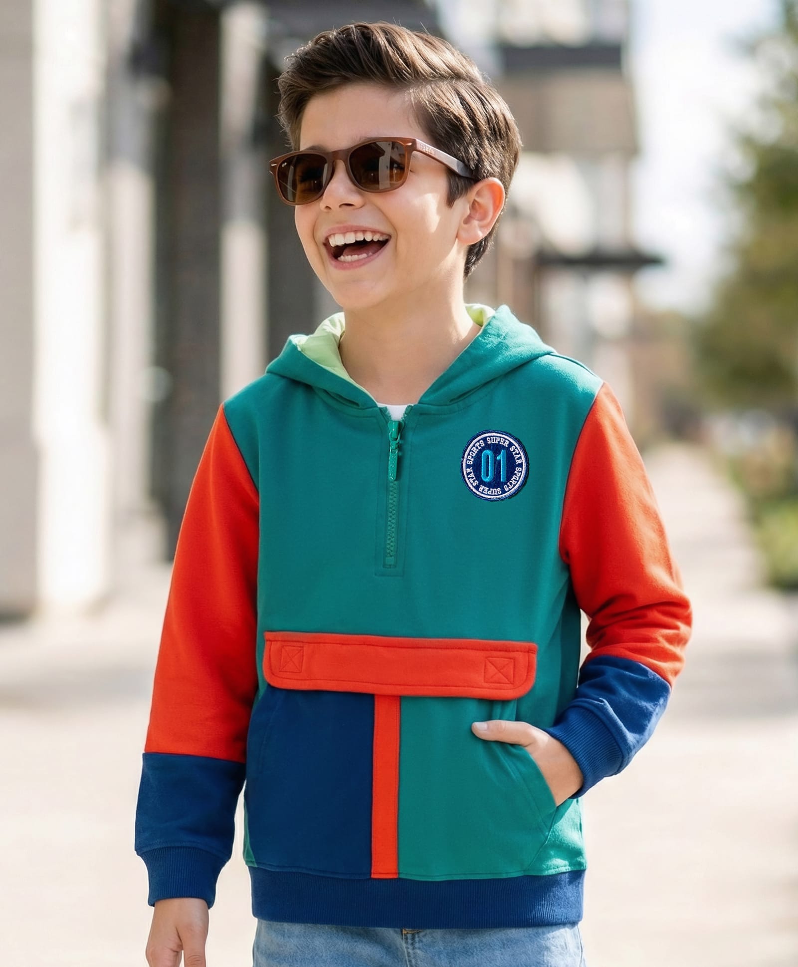 Pine Kids Knit Full Sleeves Hooded Sweatshirt With Badge Detailing & Kangaroo Pockets - Mint Green-picture-37